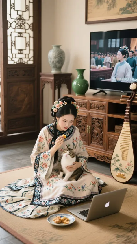 a woman dressed in traditional Chinese attire, seated on the floor and using a laptop. She is holding a cat in her lap and appears to be eating something from a plate. The room is elegantly decorated with traditional Chinese elements, including a beautifully crafted wooden cabinet with intricate carvings, a large green vase, and a beautifully painted xue (a type of Chinese lute). The woman's outfit features floral patterns and delicate embroidery, and she is wearing a headpiece adorned with flowers. In the background, there is a television screen showing a scene from another period, possibly a historical or cultural event. The overall atmosphere is serene and culturally rich, blending traditional aesthetics with modern technology.
