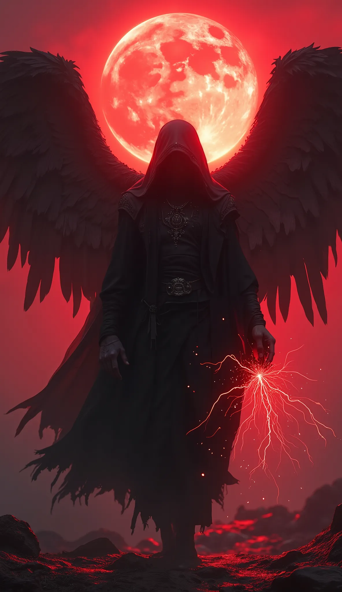 Hyper realistic shot of a black Mage angel walking, zoom out on the mage, the mage is lowering his hands and magical lighting is flying from them, full moon red sky, mysterious, magical, cinematic, high quality, highly detailed