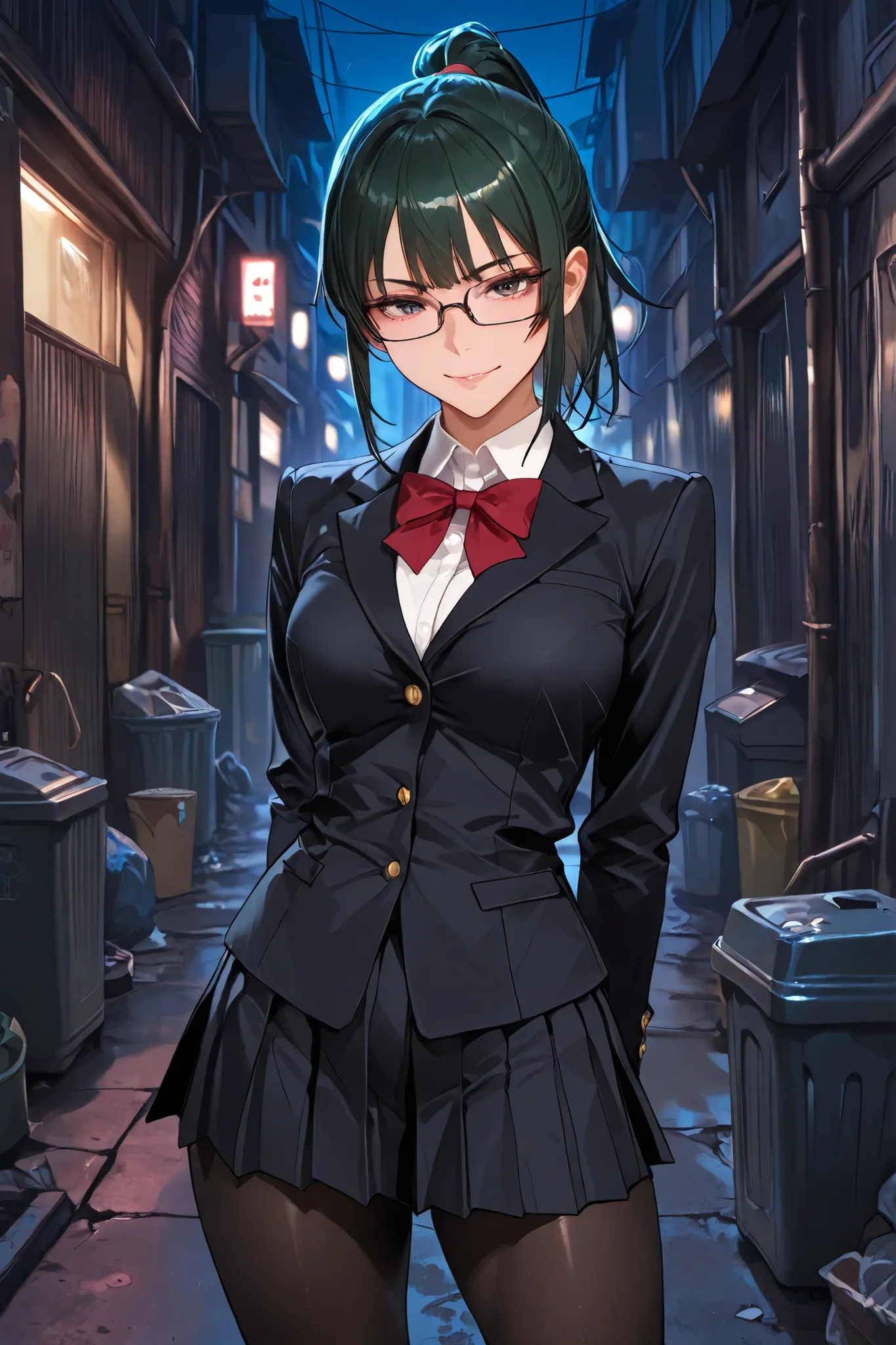1girl, Maki zeni, ponytail, glasses, school uniform, black jacket, long sleeves, black skirt, black pantyhose, makishibuya, toned, outdoors, alley, trash cans, night, standing, looking at viewer, wry smile, very pretty, attractive, sexy, sexy pose, masterp...