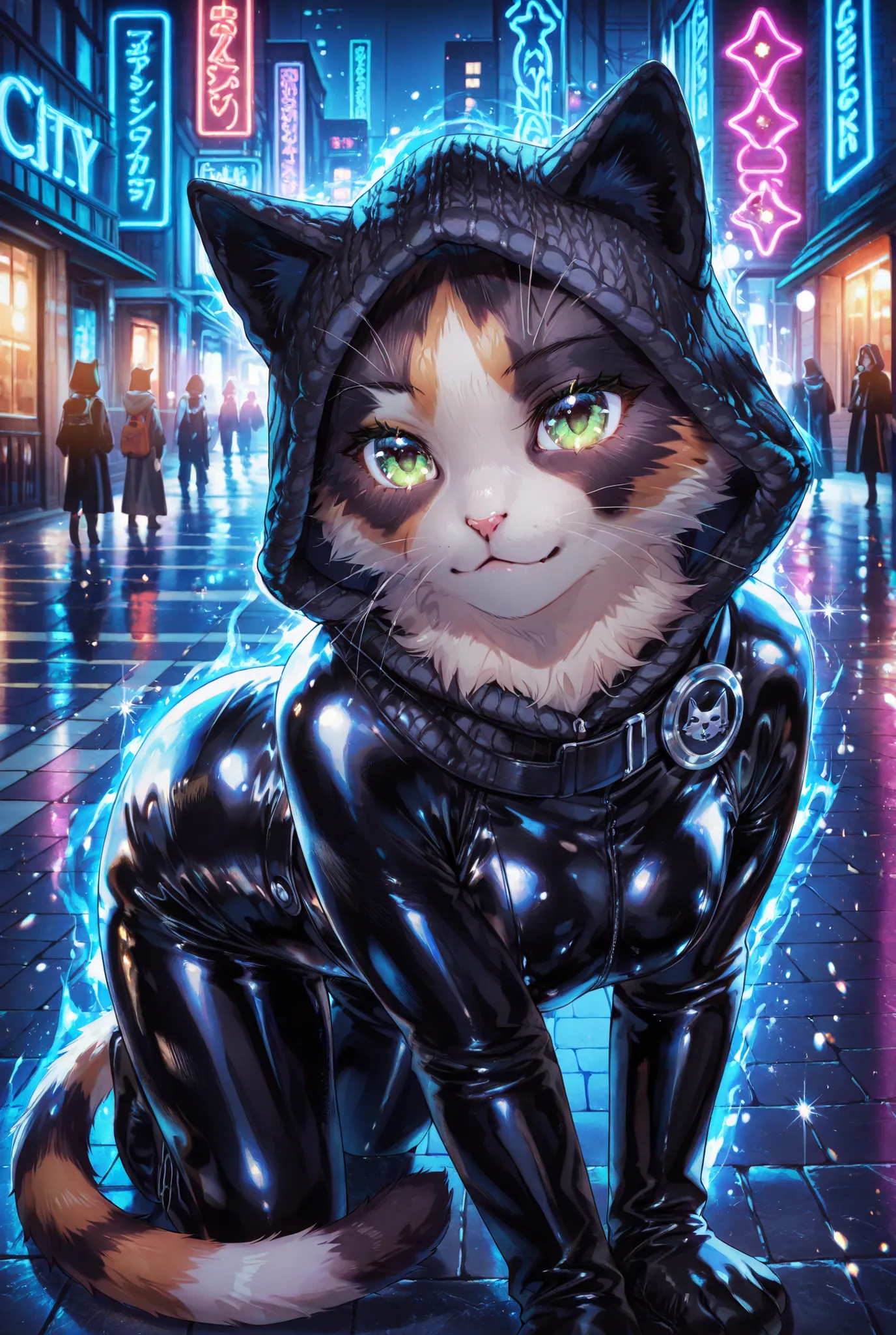 two cats, anthropomorphic style, realistic fur texture, one cat wearing a black leather bodysuit, glossy, sleek, shiny surface, confident expression, mysterious aura, the other cat in a dark navy knitted hood, cozy texture, cute round eyes, charming and ge...