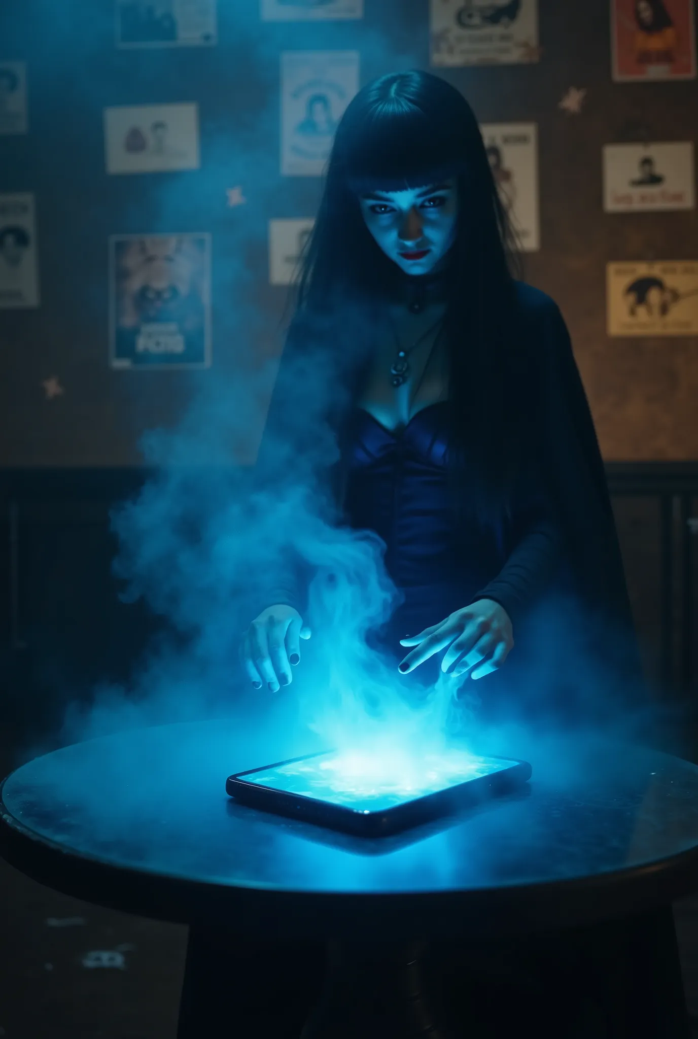 ((Hyperrealism, Photorealistic)), (masterpiece, highest quality, amazing quality), ((A smartphone on a glass table, the smartphone is on, blue mist comes out of the screen)), ((in the middle of the mist: a vampire materializing wearing a corset, black thig...