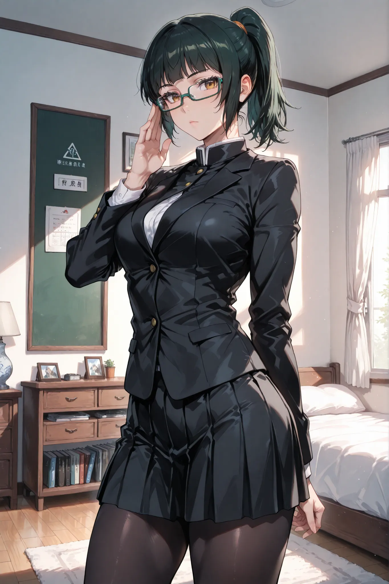 1girl, Maki zenin, ponytail, glasses, beautiful eyes, school uniform, black jacket, long sleeves, black skirt, black pantyhose, makishibuya, toned, home, in the bedroom, standing, looking at the viewer, sexy, sensual, attractive, beautiful, sexy pose, mast...