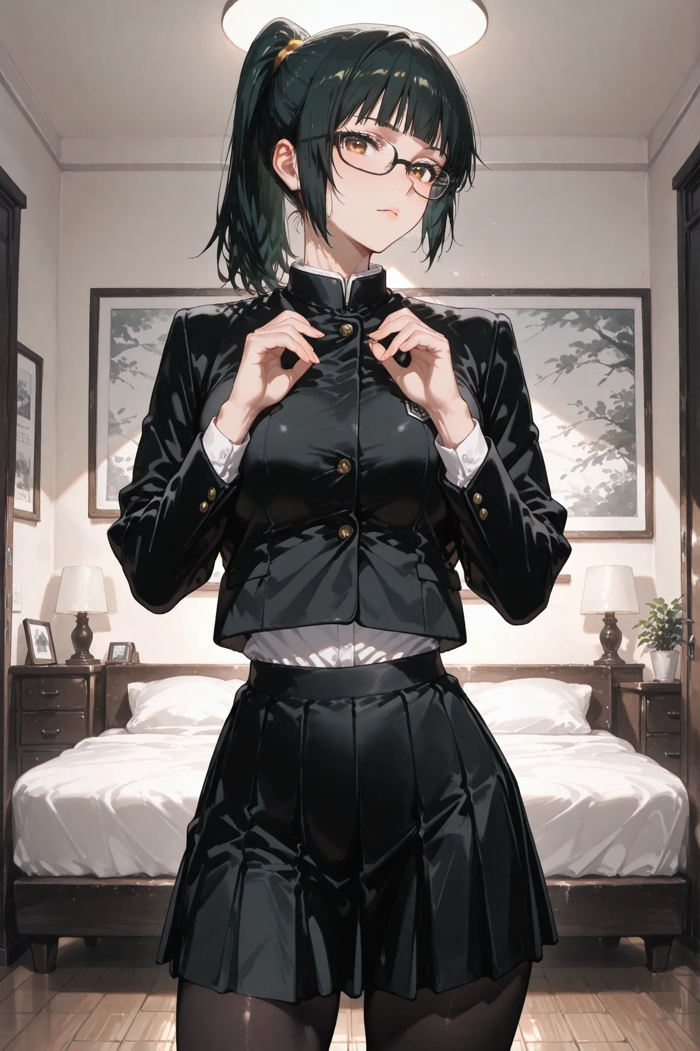 1girl, Maki zenin, ponytail, glasses, beautiful eyes, school uniform, black jacket, long sleeves, black skirt, black pantyhose, makishibuya, toned, home, in the bedroom, standing, looking at the viewer, sexy, sensual, attractive, beautiful, sexy pose, mast...