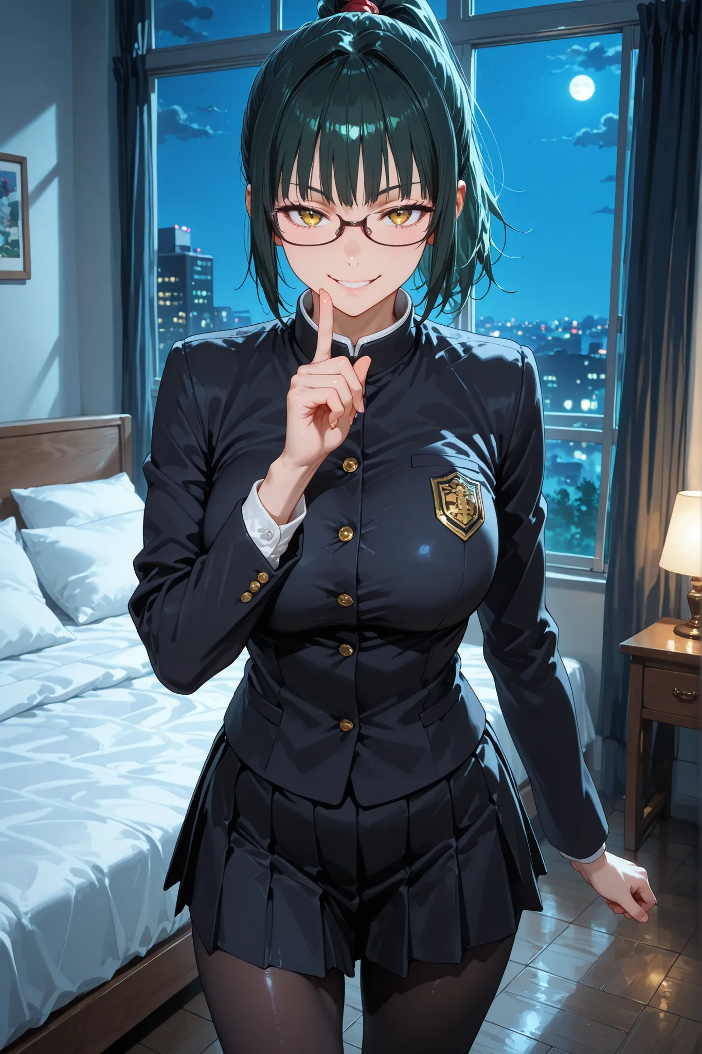 1girl, Maki zenin, ponytail, glasses, golden eyes, school uniform, black jacket, long sleeves, black skirt, black pantyhose, makishibuya, toned, in the bedroom, near the bed, night, window, standing, looking at the viewer, pointing the index finger at the ...