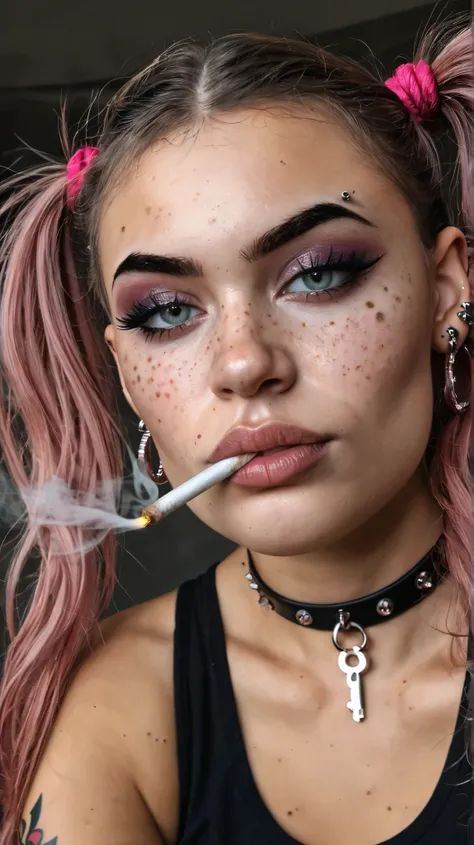 Close-up portrait of a rebellious young woman with bright hot pink messy hair in pigtails, intense freckles, bold winged eyeliner, multiple facial piercings (septum ring, nostril ring, eyebrow ring), large gauge earrings with hanging key-shaped jewelry, sm...
