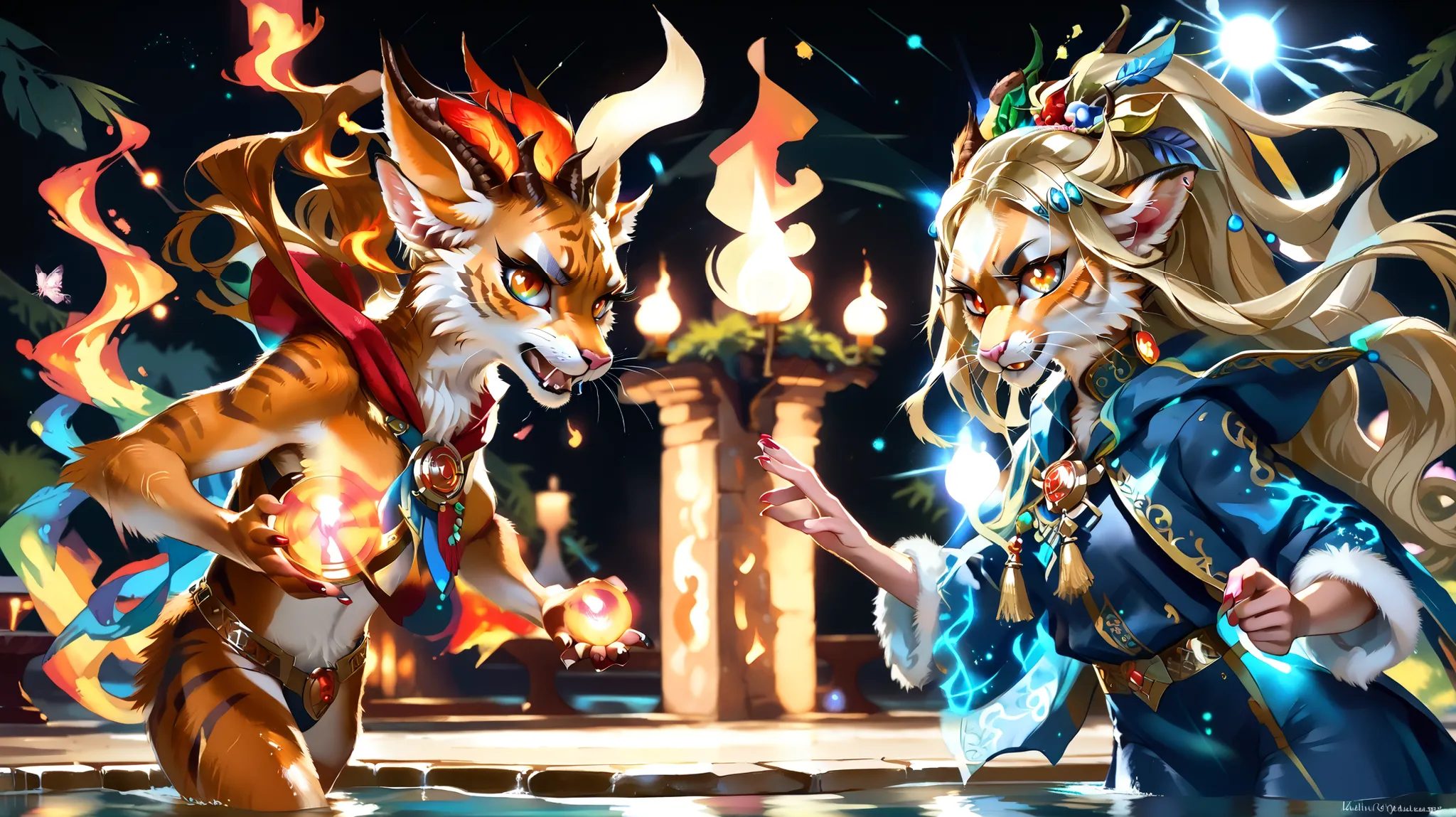 a magical anthropomorphic cat in a flowing deep blue mage robe with glowing runes, fiery golden eyes, performing a water and fire spell, dynamic action pose, swirling energy, arcane symbols, fantasy setting, sharp lighting, vibrant colors, digital painting...