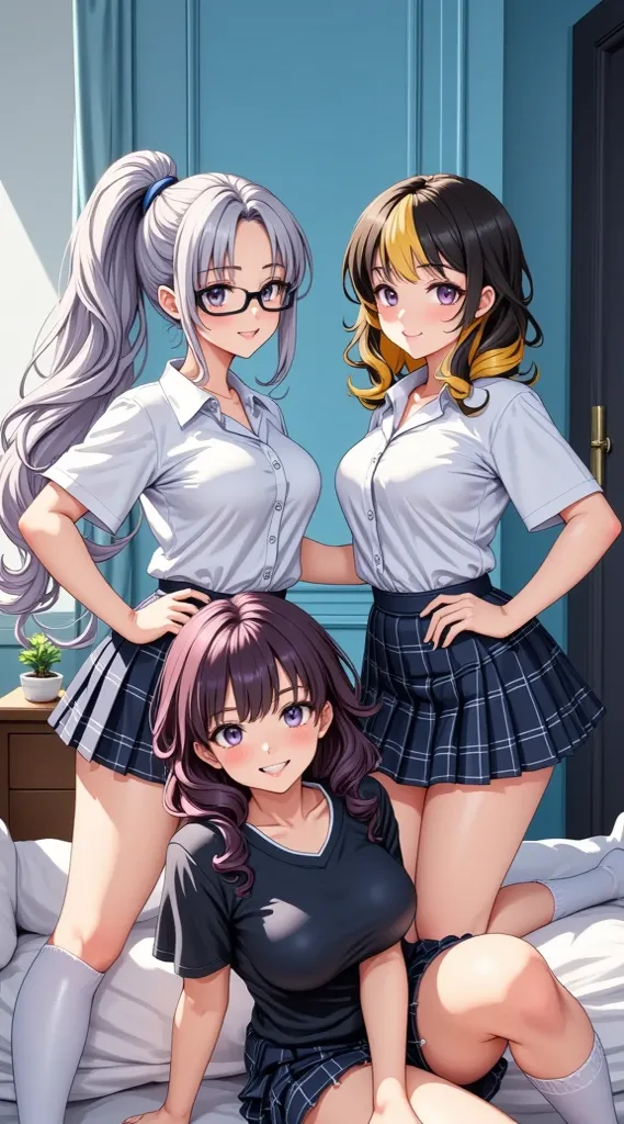  (masterpiece,  computer, mejor quality,  Clear focus, shadow, anime style, Ultra-High Resolution, 8K, perfect anatomy, rostro perfecto, (detailed face), (  Detailed eye  ), score_9, score_8_up, score_7_up, score_6_up, score_5_up, score_4_up,  source _animated, Label 1, Label2, quality_masterpiece, anatomically correct, beautiful face, rostro perfecto, Beautiful and highly detailed face and eyes, Attractive face, detailed face, delicate facial features, detailed leather, Huge Breasts, breast size cup D or DD, wide hips, gigantic butt, thick thighs. Anime-style illustration of three young women, Stylized. Two of them are standing, dressed in school uniforms: white blouses tied at the waist and plaid red and black plaid skirts. One of the girls has light gray hair tied in a high bun and wears glasses; the other has dark brown hair with a lock curly yellow, also wearing glasses. Both seem to be hugging each other. The girl standing with gray hair is holding her hair. The third girl is lying on a bed with pink sheets, dressed in a shiny and sexy black dress that looks like leather or patent leather, and a plaid skirt similar to those of the other two underneath. She wears white stockings with ruffles at the ankles. 

The background is an elegant interior, with a light blue wall and a detail of molding on the wall. There is a suggestion of a classic-style piece of furniture in the corner.