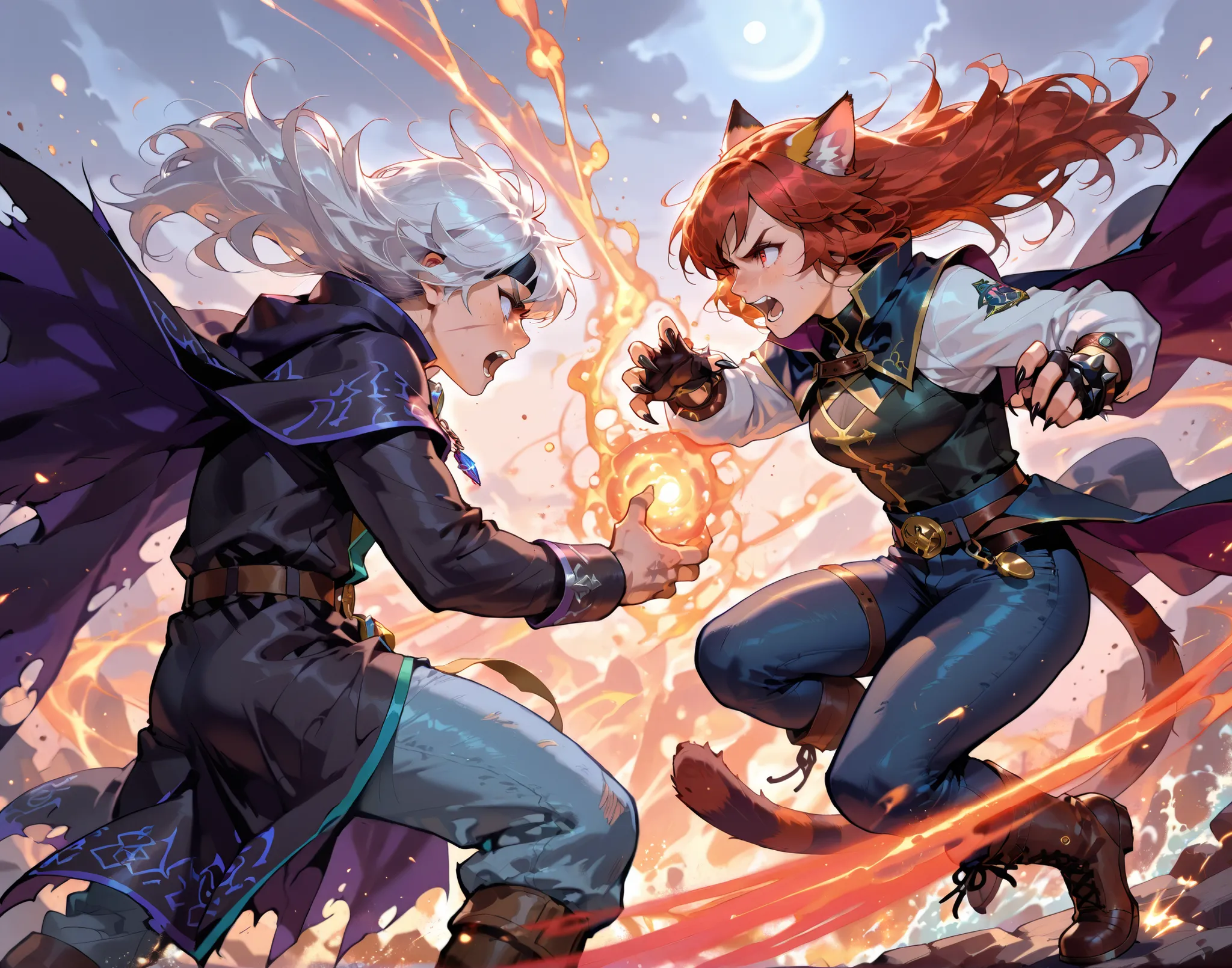 a dramatic battle scene between two anthropomorphic cat warriors, one casting elemental spells with fire and water, wearing a mage's cloak with runes, and the other a wild-haired fighter in leather and denim, slashing through magic with claws and energy, e...