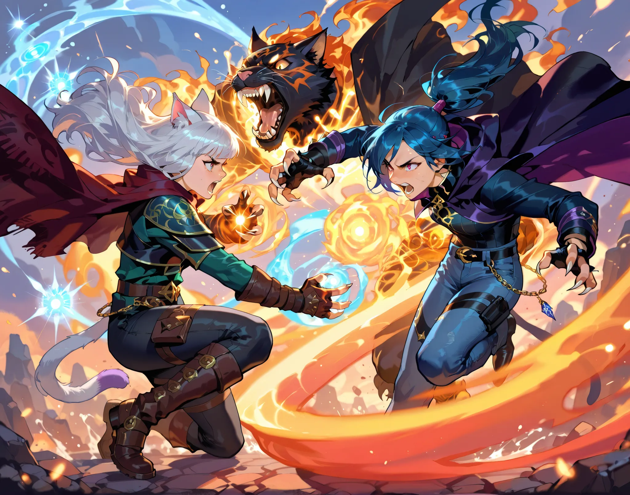 a dramatic battle scene between two anthropomorphic cat warriors, one casting elemental spells with fire and water, wearing a mage's cloak with runes, and the other a wild-haired fighter in leather and denim, slashing through magic with claws and energy, e...