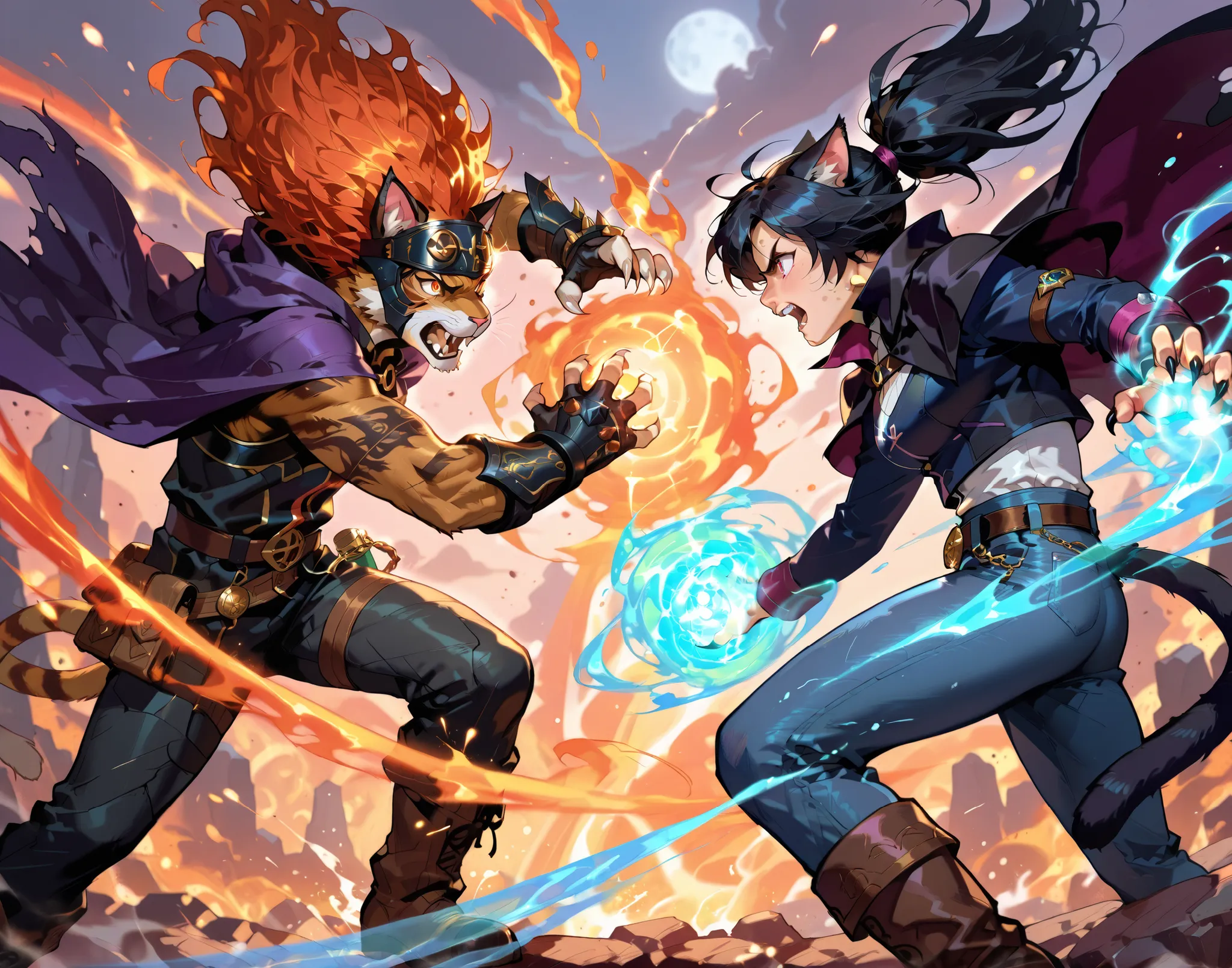 a dramatic battle scene between two anthropomorphic cat warriors, one casting elemental spells with fire and water, wearing a mage's cloak with runes, and the other a wild-haired fighter in leather and denim, slashing through magic with claws and energy, e...