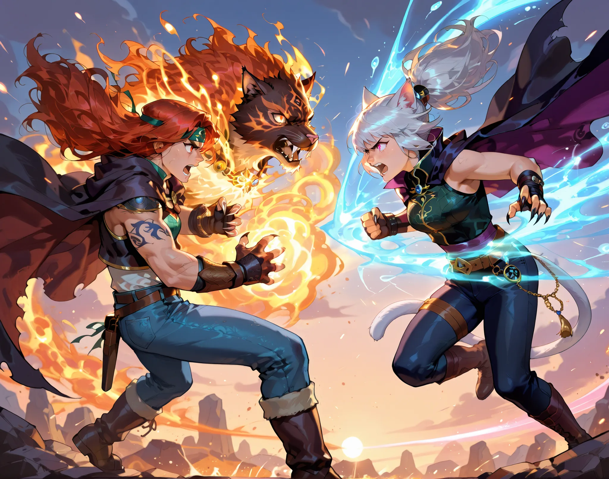 a dramatic battle scene between two anthropomorphic cat warriors, one casting elemental spells with fire and water, wearing a mage's cloak with runes, and the other a wild-haired fighter in leather and denim, slashing through magic with claws and energy, e...