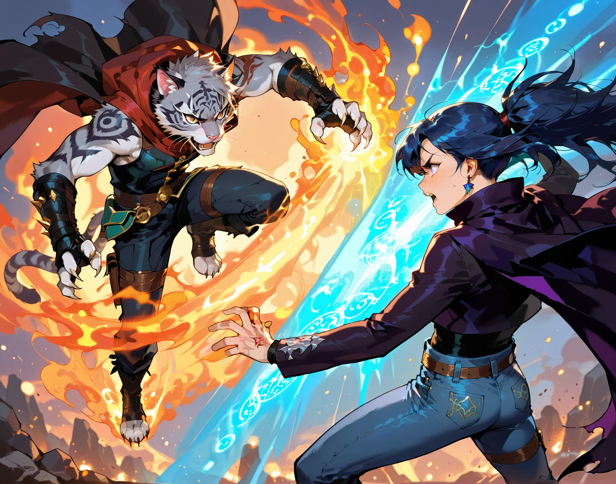 a dramatic battle scene between two anthropomorphic cat warriors, one casting elemental spells with fire and water, wearing a mage's cloak with runes, and the other a wild-haired fighter in leather and denim, slashing through magic with claws and energy, e...