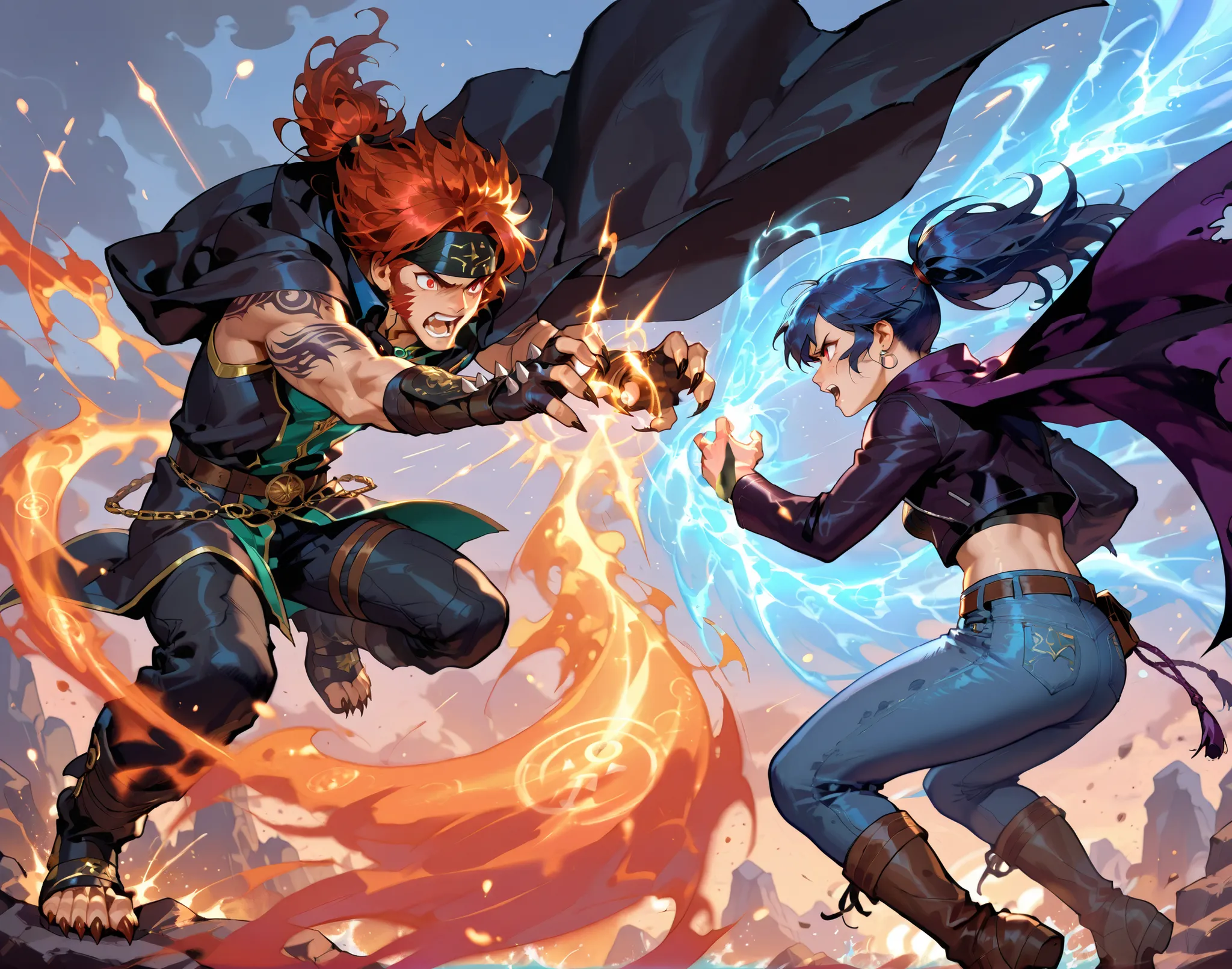 a dramatic battle scene between two anthropomorphic cat warriors, one casting elemental spells with fire and water, wearing a mage's cloak with runes, and the other a wild-haired fighter in leather and denim, slashing through magic with claws and energy, e...
