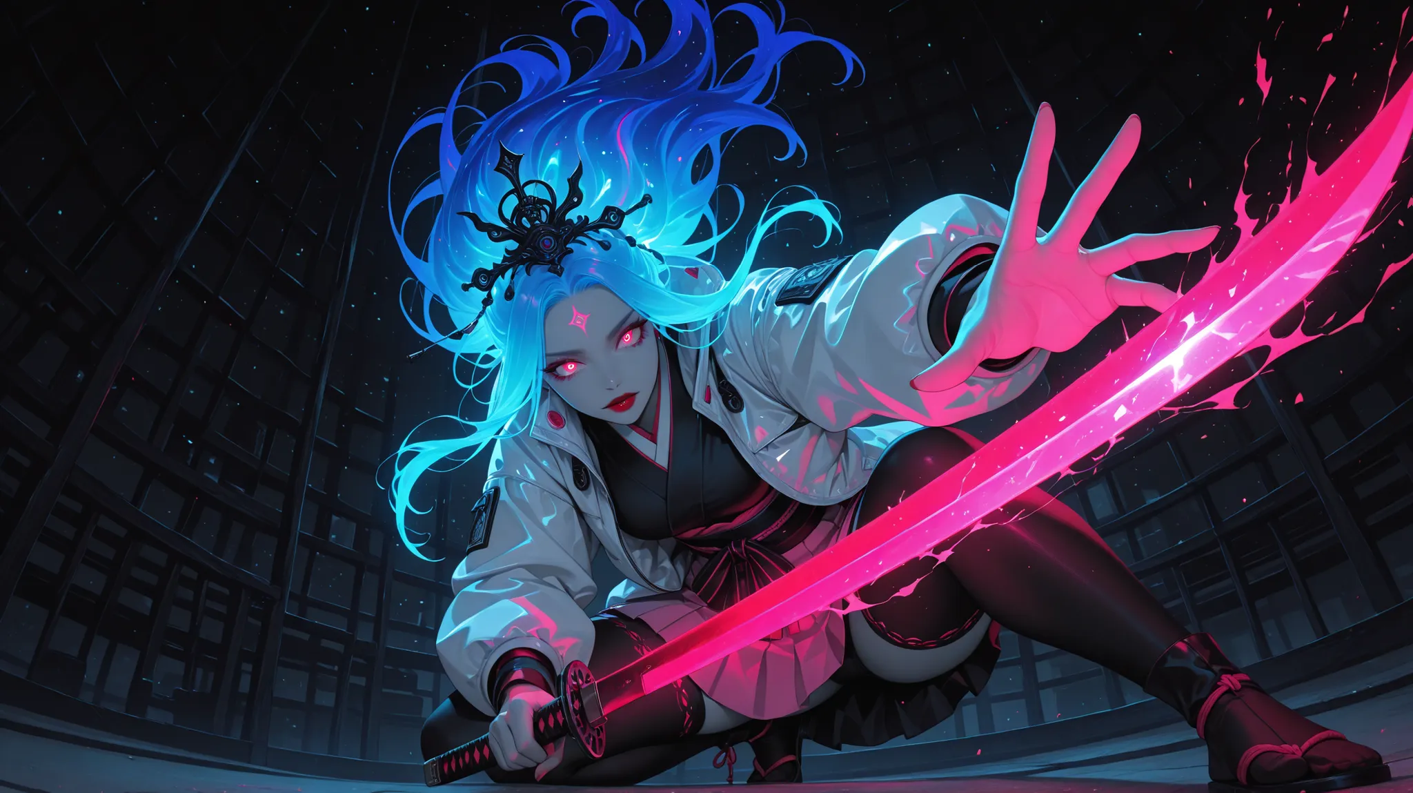 Girl, light jacket, neon color, glossy, glow, shine, She poses playfully on one knee, reaching out with one hand , skirts, more detail, intricate, view from below, back view, Woman, night, dark color pallette, holding katana, shining katana, iluminating ey...