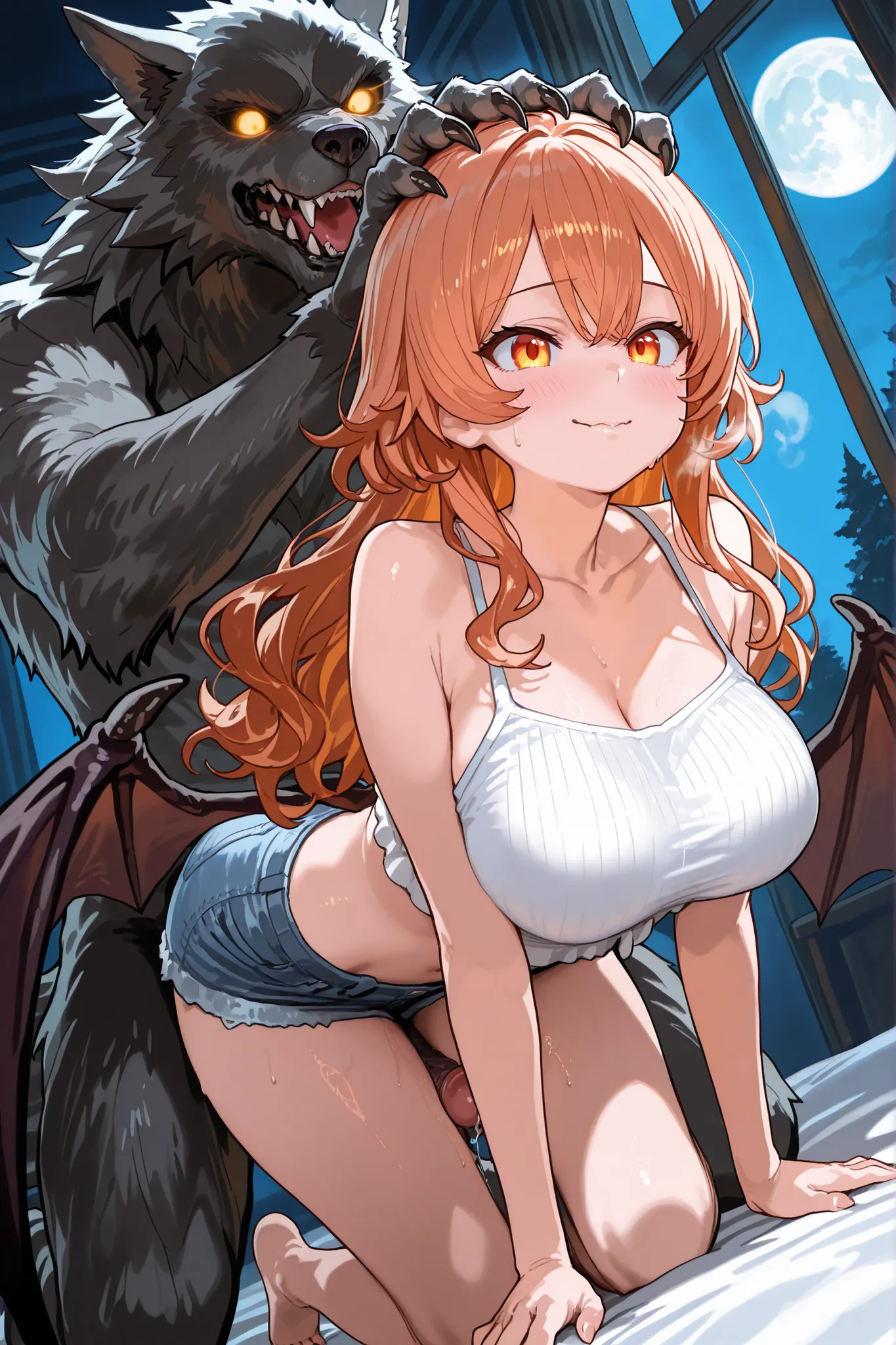 A kneeling girl with long, wavy auburn hair, wearing white crop top and blue denim shorts, is Bent over in front of a large, werewolf creature with glowing eyes. The creature has dark fur, sharp claws, and bat-like wings, adding a fantasy element to the sc...