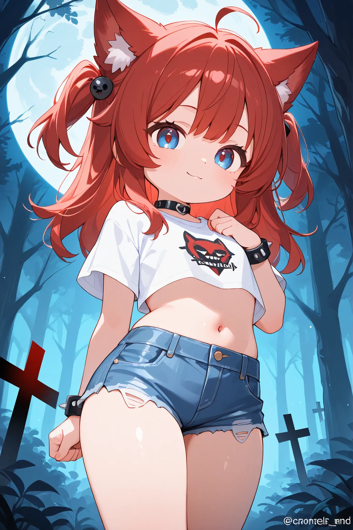 Adorable little thing standing just as she is with her Lovely red hair, Piercing blue eyes, white crop top tee and blue denim jean shorts Embraced by a giant menacing Scary werewolf with red eyes In the creepy forest full moon