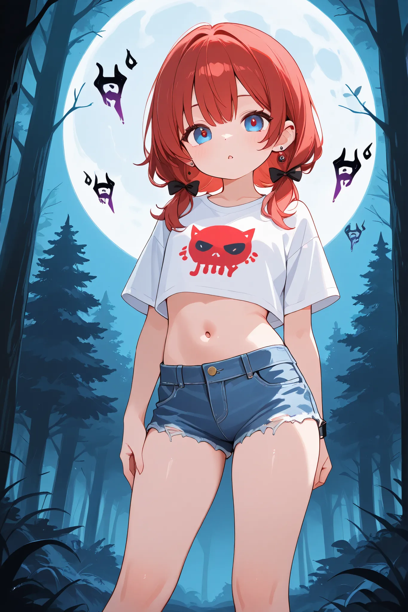 Adorable little thing standing just as she is with her Lovely red hair, Piercing blue eyes, white crop top tee and blue denim jean shorts Embraced by a giant menacing Scary werewolf with red eyes In the creepy forest full moon
