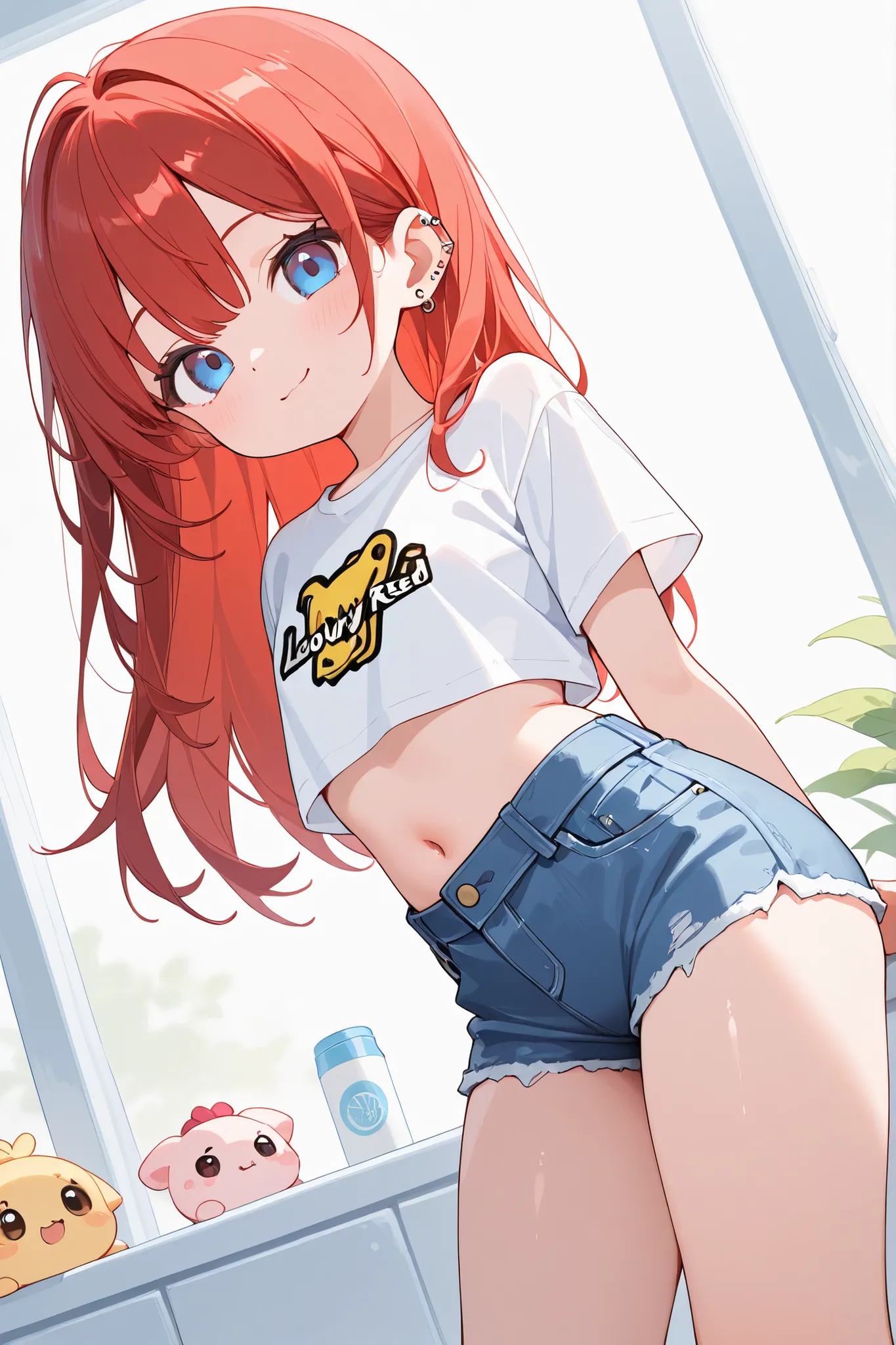 Adorable little thing standing just as she is with her Lovely red hair, Piercing blue eyes, white crop top tee and blue denim jean shorts