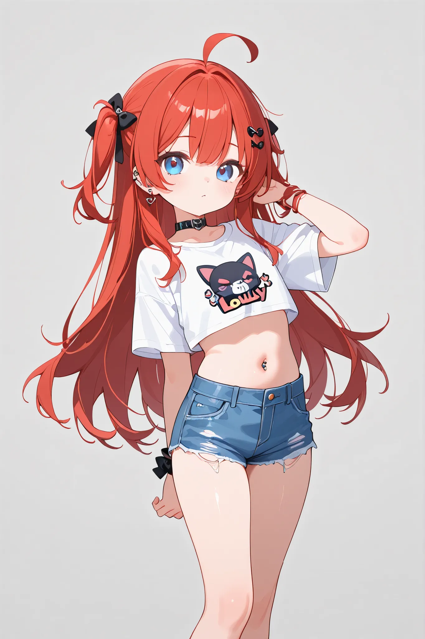 Adorable little thing standing just as she is with her Lovely red hair, Piercing blue eyes, white crop top tee and blue denim jean shorts