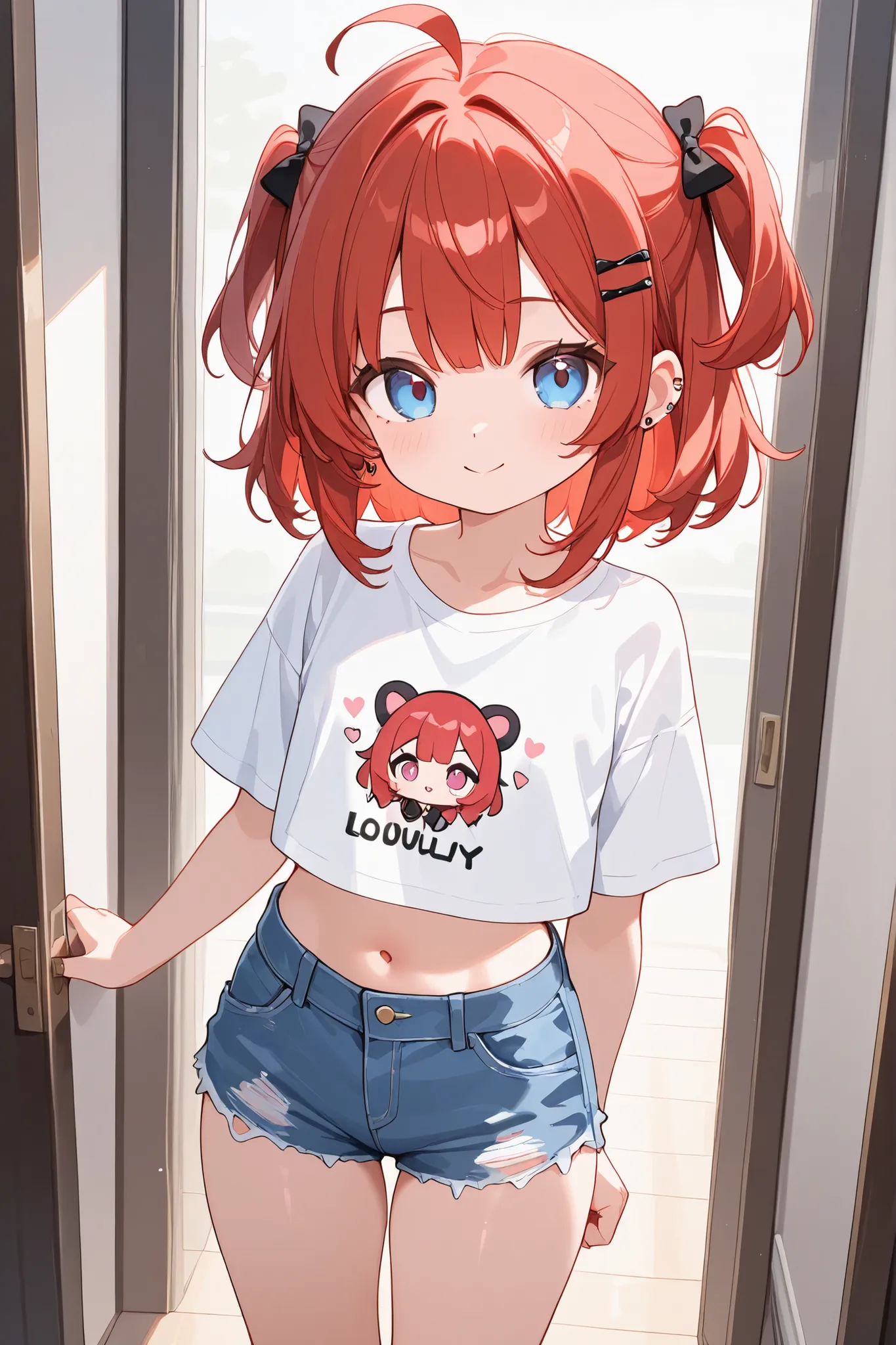 Adorable little thing standing just as she is with her Lovely red hair, Piercing blue eyes, white crop top tee and blue denim jean shorts