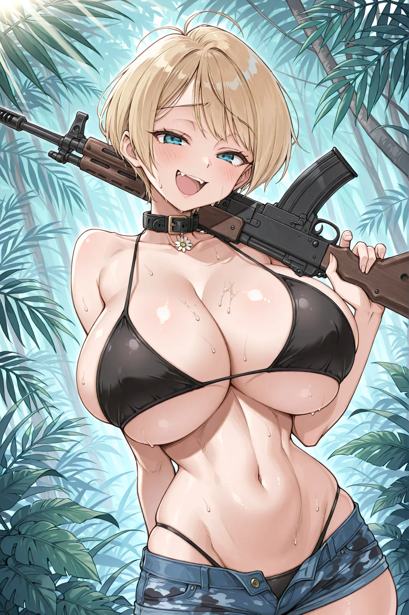 score_9, absurdres, highres, (masterpiece), 1girl, solo, original, dynamic_angle, close-up, younger, busty, curvy, breasts bigger than body, female focus, solo, blonde_hair, short_hair, messy_hair, bangs, blue_eyes, blush, smug, smile, bikini_top, black_bi...