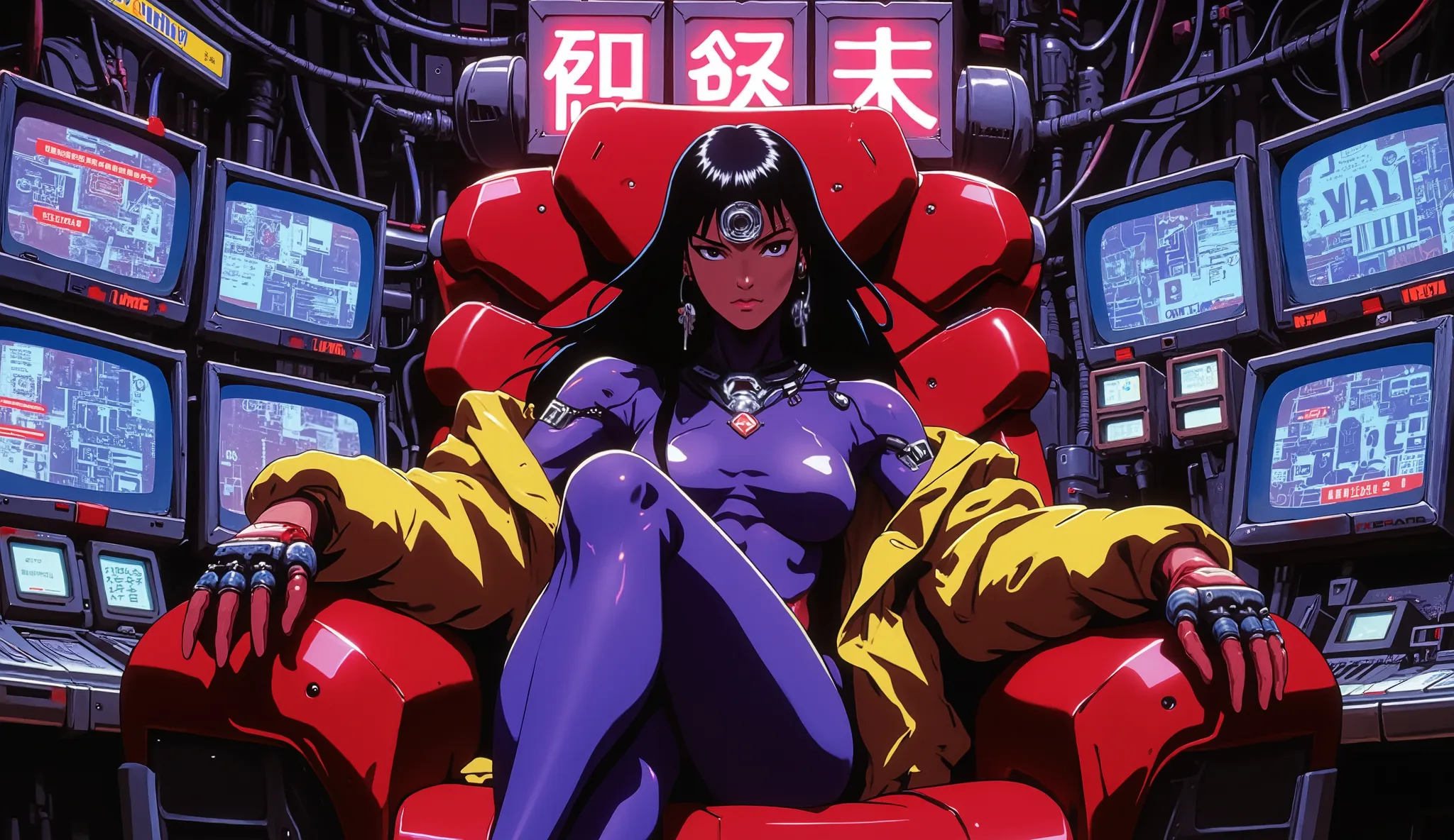 Masterpiece, best quality, 90s retro anime style, cyberpunk. A beautiful woman with dark skin and long, flowing black hair, wearing a sleek, form-fitting purple cybernetic bodysuit and a futuristic multi-lensed visor on her forehead. She sits confidently i...