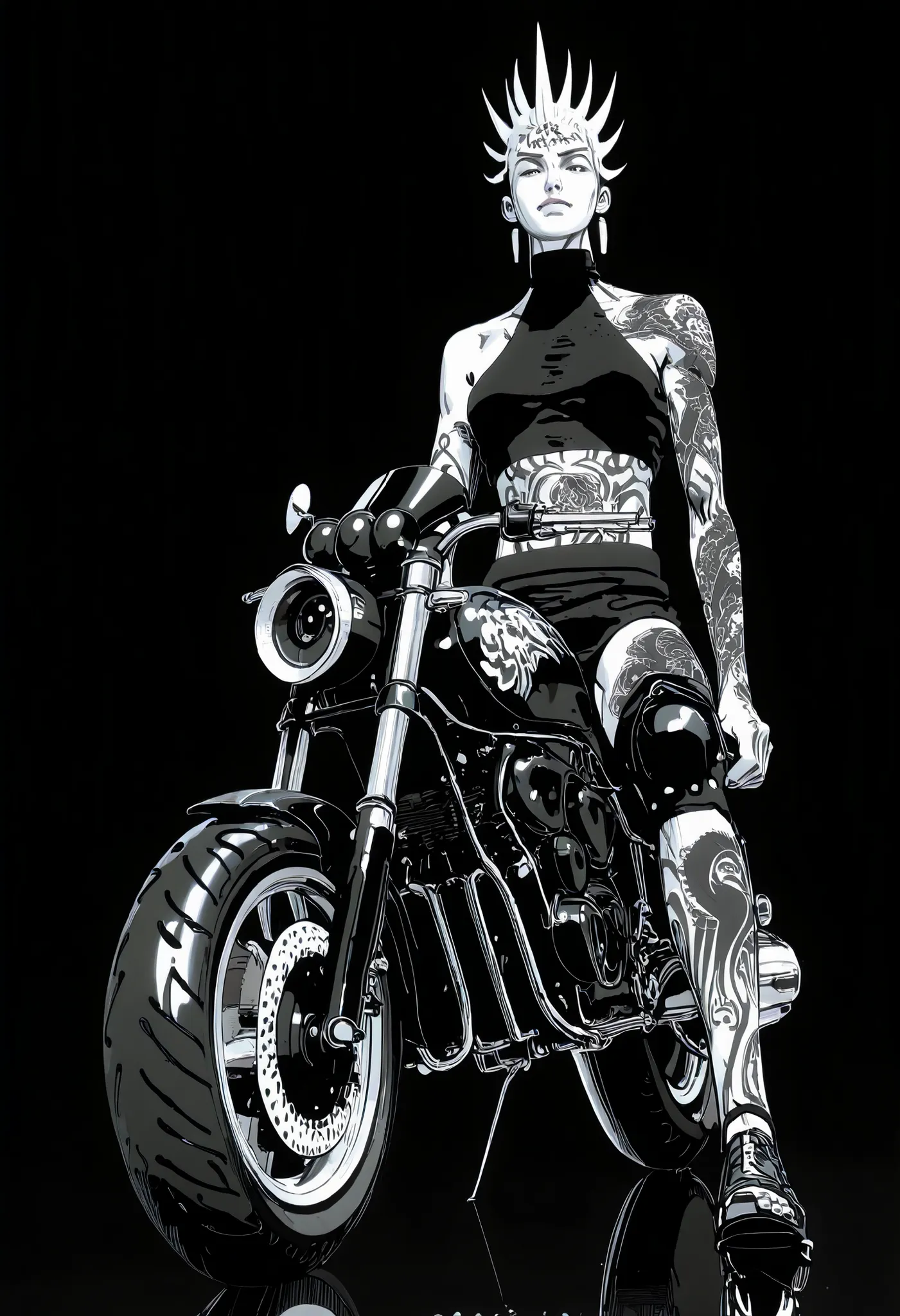 a black and white drawing of a dragon riding a motorcycle, concept Tattoo design, inspired by Kanō Hōgai, inspired by Gatōken Shunshi, traditional Japanese concept art, oriental tattoos, Tattoo design, 3D tattoo design , inspired by Kōshirō Onchi, medi...