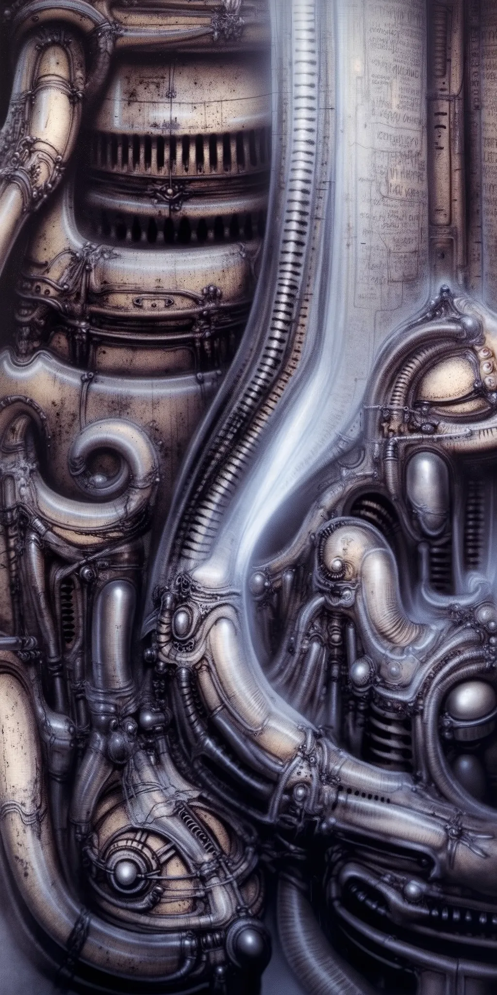 A bright and clear, biomechanical landscape filled with interwoven, elongated, organic and metallic forms, inspired by the surreal and nightmarish style of H.R. Giger. The scene is densely packed with tubular, serpentine structures that resemble a fusion ...