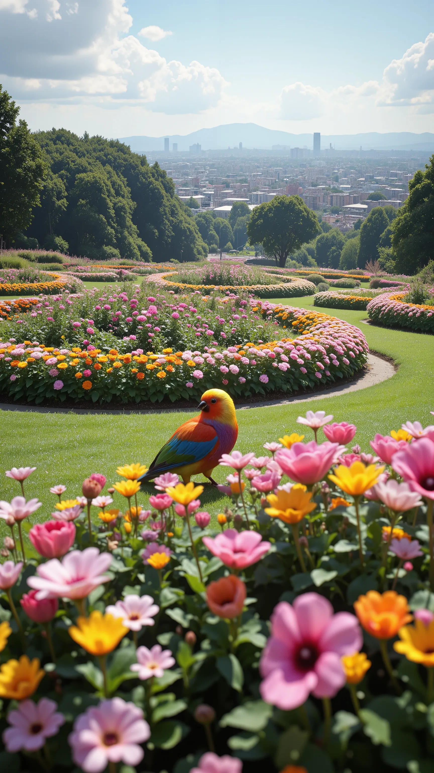 highdefinition images、綺麗な鳥 in the Association's flower beds、The large Society garden in the basin、You can see a small city in the distance。