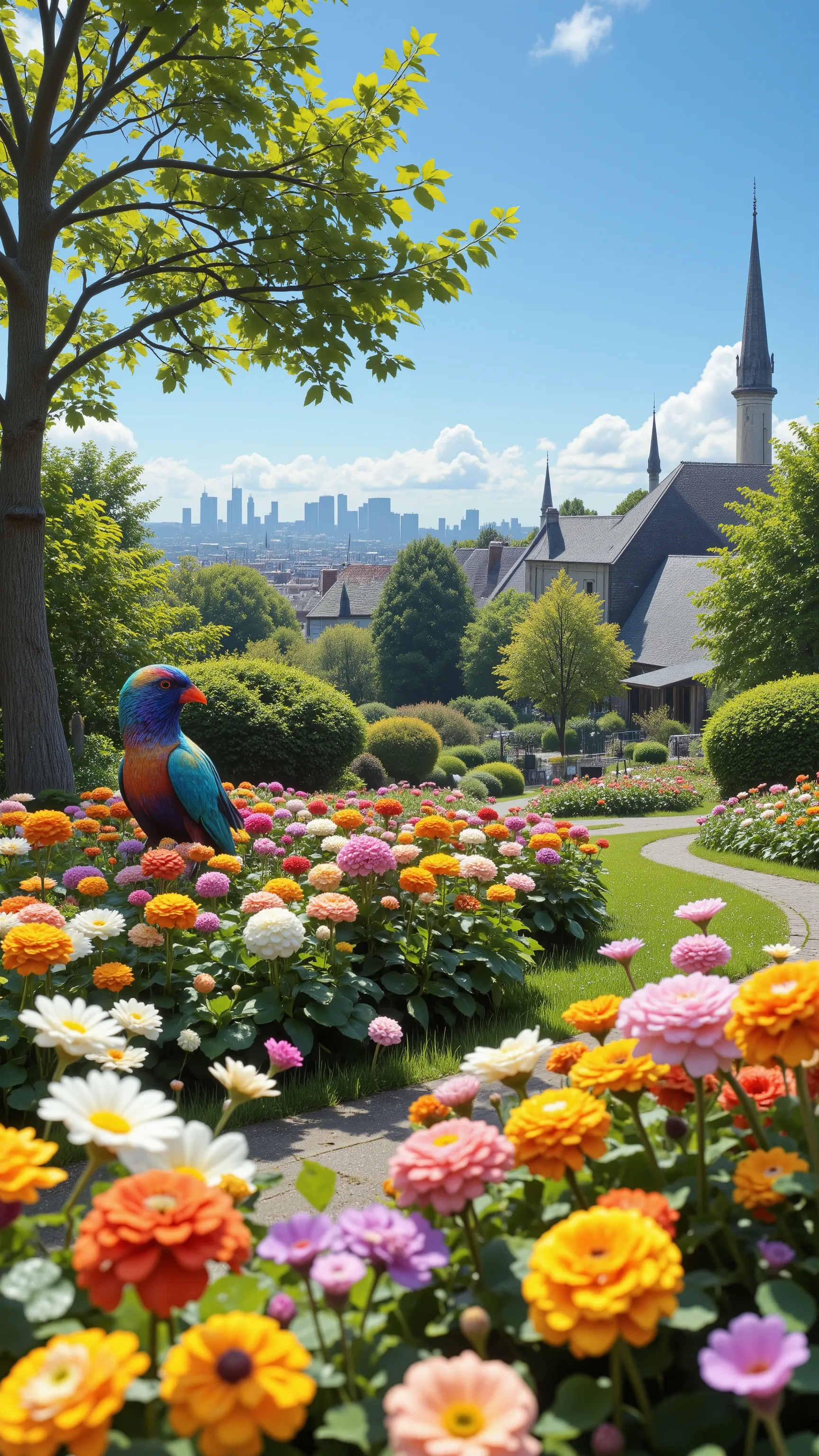 highdefinition images、綺麗な鳥 in the Association's flower beds、The large Society garden in the basin、You can see a small city in the distance。