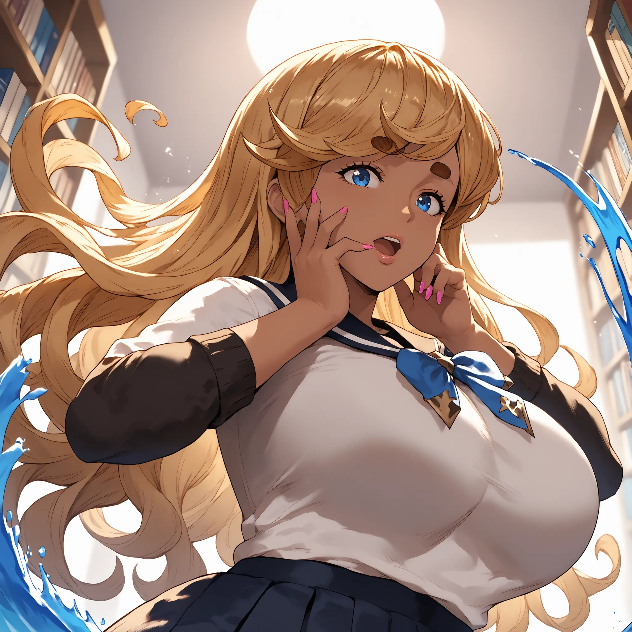 masterpiece, best quality, amazing quality, very aesthetic, absurdres, newest, scenery, 1girl, blonde hair, curly hair, open mouth, finger on chin, very long hair, flipped sidelocks, blue eyes, gyaru, upper body, school uniform, backlighting, from above, ...