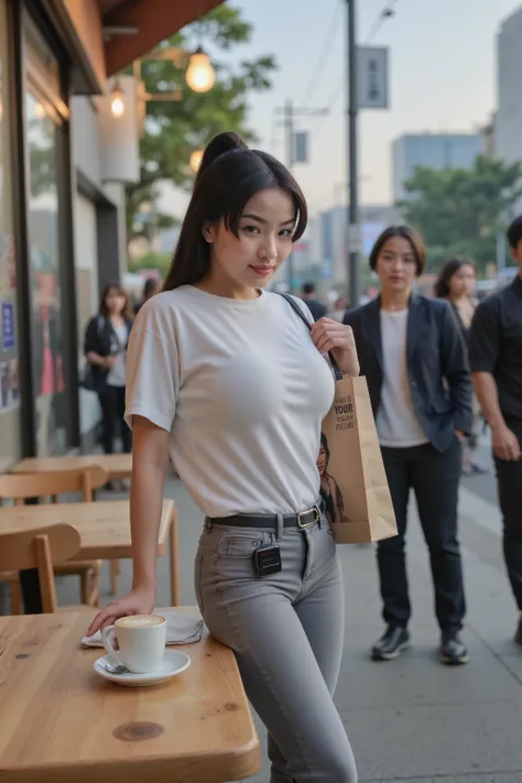 Masterpiece photo, photorealistic belowview of a very slim young fullbreasted extremely beautiful japanese girl with a pinned up ponytail, looking into camera, looking wanton into camera with a generous smile, bowing forward over a capuccino on a table of ...