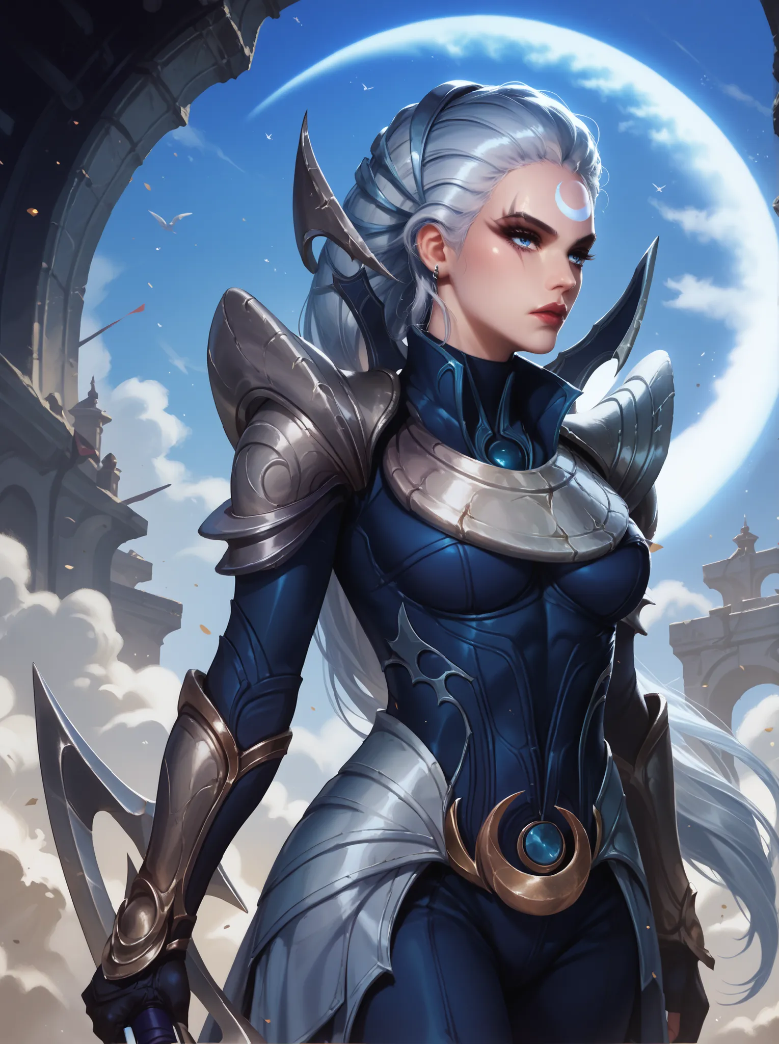 Diana from League of Legends, standing in a moonlit battlefield, long silver hair flowing, piercing pale blue eyes, wearing dark armor with silver crescent moon motifs, holding her (large), (curved crescent) blade, dramatic backlighting from a full moon, s...