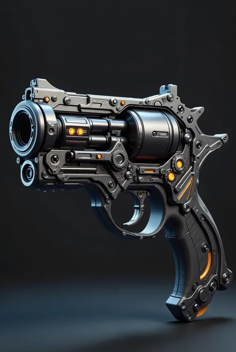 a quantum six shooter with an ovoid sleeve over the barrel, laser scope, lights and gauge, museum display, best quality, very detailed, HDR, wide shot, full view, luster, aggressive look