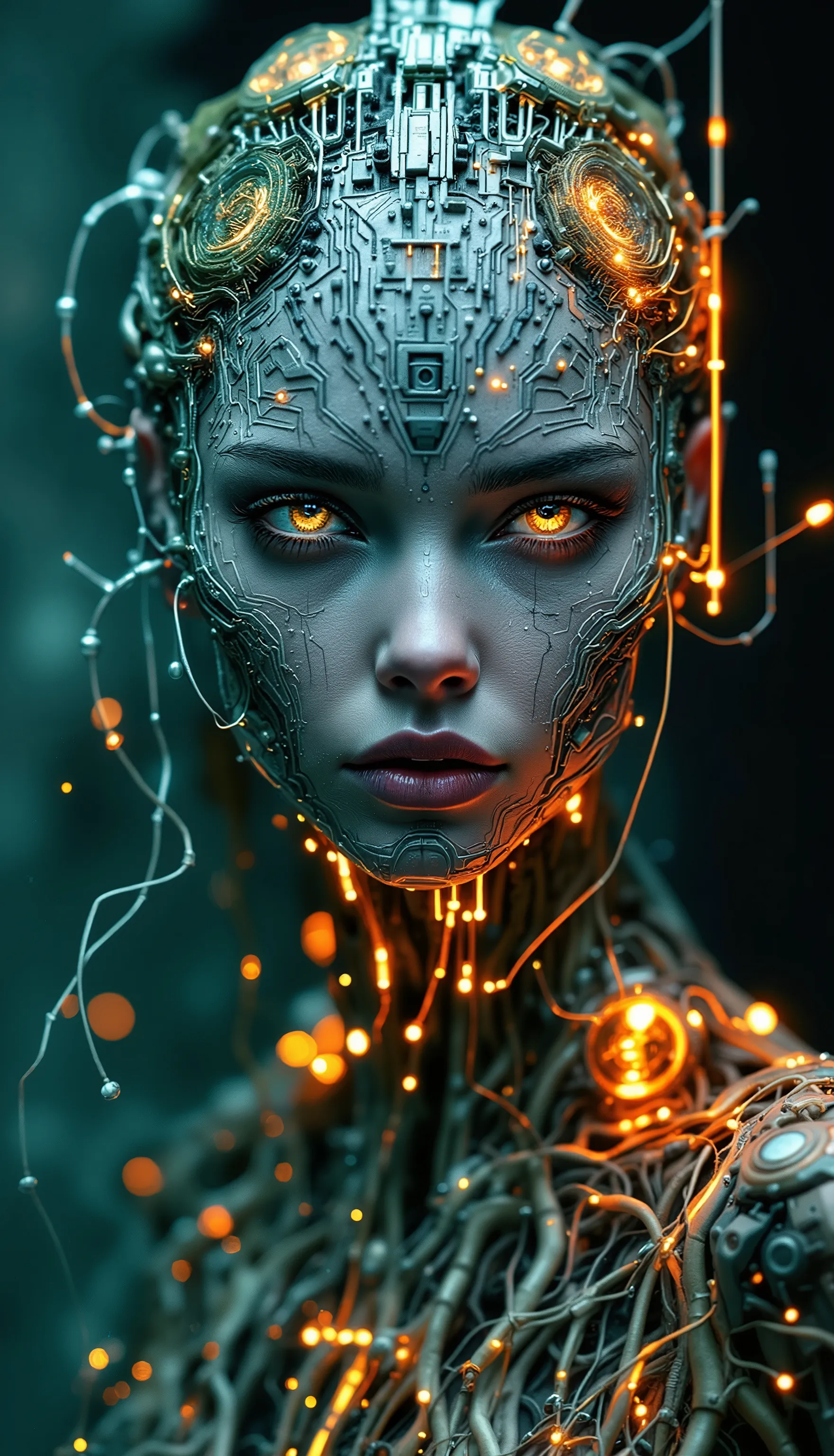 An enigmatic, waist-up portrayal of a woman, her face and upper body covered in meticulously detailed, biological circuitry that seems to pulse with energy, conveying the symbiotic relationship between nature and technology, and her gaze is piercing and in...