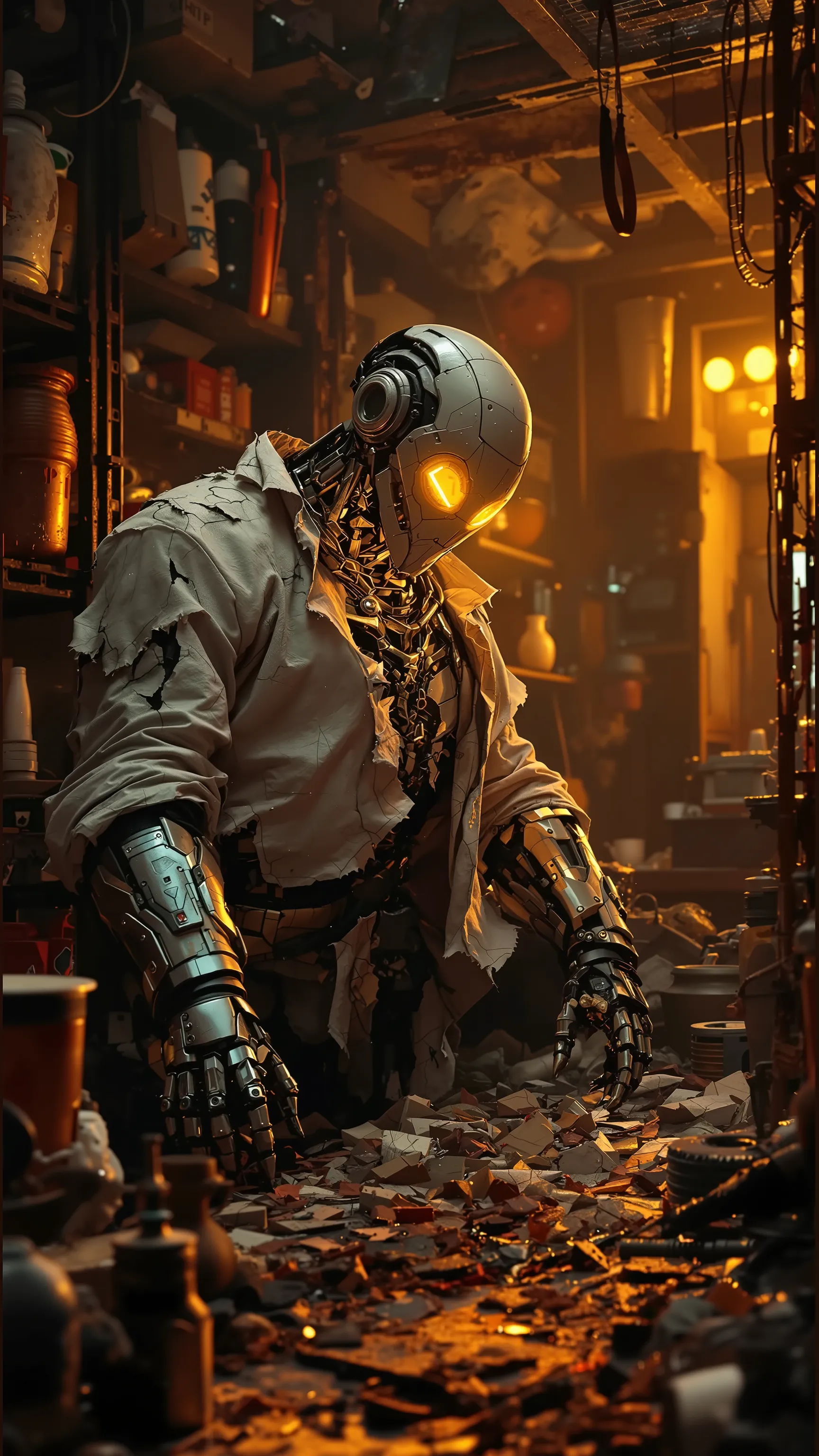 Wide angle Environmental shot in a cluttered and messy shack , action shot, tattered torn shirt, porcelain cracked skin, league of legends, vibrant, photo realistic, realistic, dramatic, dark, sharp focus, 8k."Robot destroyed to pieces with glowing yelow v...