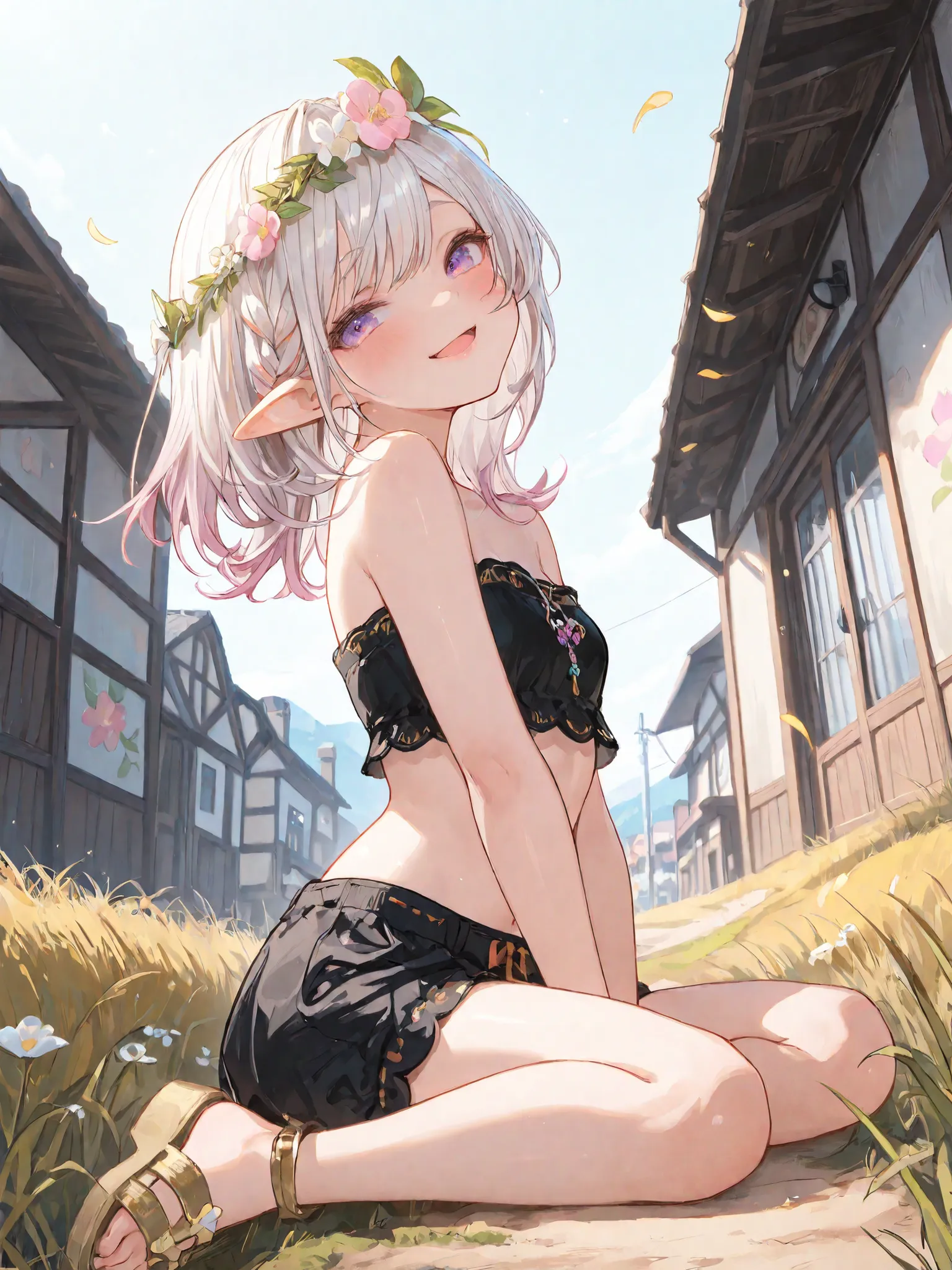 ((Masterpiece)), ((best quality, very aesthetic, absurdres, newest)), (from side, from below), (8K), (cinematic lighting), ((1girl)), (cute young girl), (Healthy body, Textured skin, small breast, tilt head), elf ears, Glossy unruly hair, (medium hair, pl...