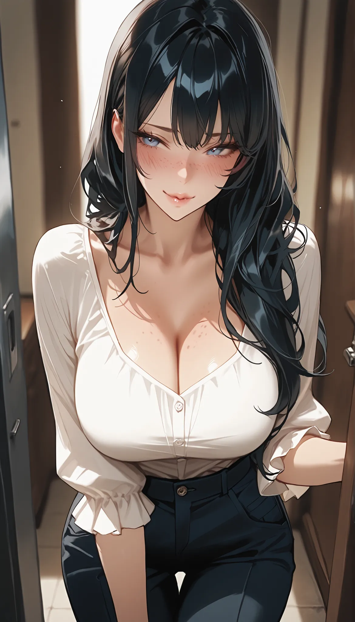 masterpiece, best quality, cinematic lens effect, highly dramatic picture, beautiful eyes , ultra cute, ultra sexy, beautifully medium shaped breasts, ultra detailed, 8k, ((Supermodel)), Anime, blush, Beautiful Women, Blush, freckles, Long Black hair, sed...