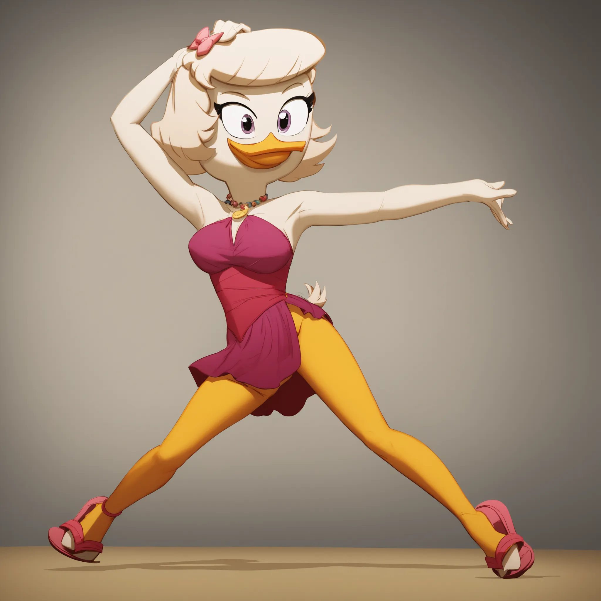 webby_vanderquack, pato antropomorfo, pernas amarelas, yellow duck feet,  yellow duck beak , pele branca, Bobby short white hair, olhos negro, 4k, hyperrealistic portrait, anatomia precisa, roupas amarelas, pink sandals, alegre, dancing 