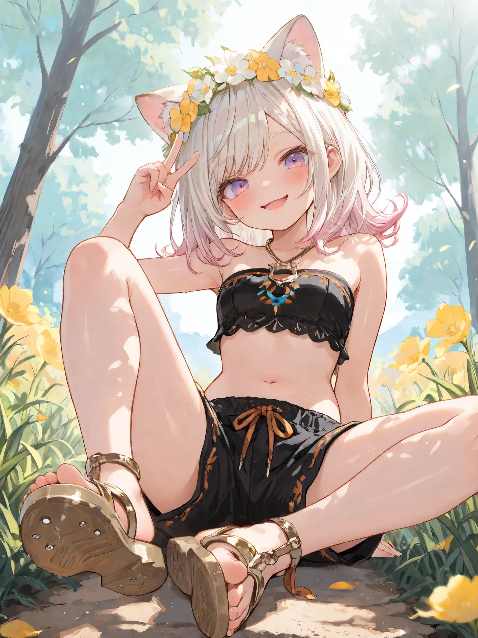 ((Masterpiece)), ((best quality, very aesthetic, absurdres, newest)), (from below), (8K), (cinematic lighting), ((1girl)), (cute young girl), (Healthy body, Textured skin, small breast, tilt head), Cat ears, Glossy unruly hair, (medium hair, platinum-gold...
