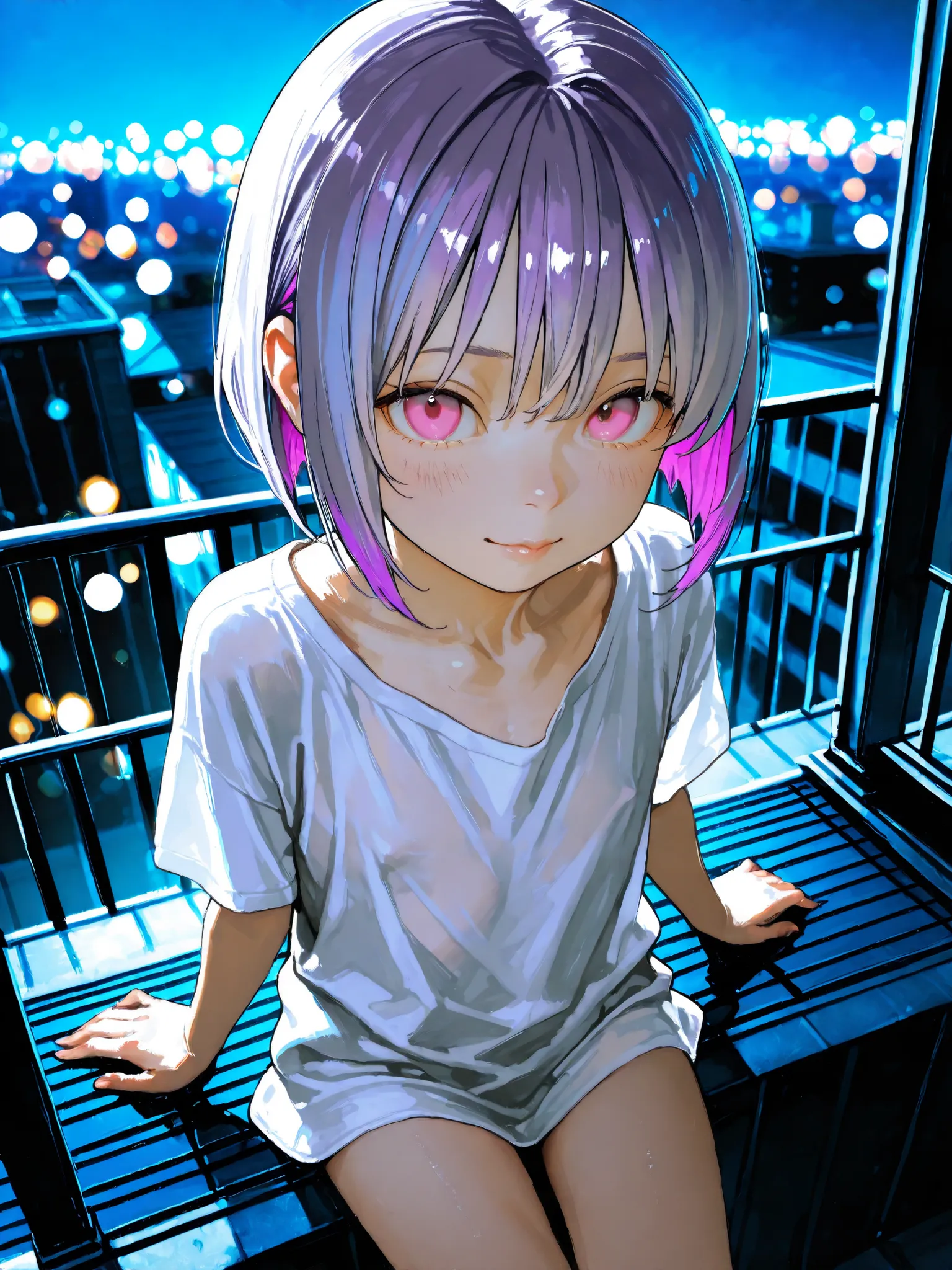 short girl, 1 girl,is young, flat chested,realisticな外観, big pink eyes, short bob、Gradation color purple hair and gray hair、plain shirt、I can see my chest、I can see my chest、sit、She has a lewd appearance.、naked、from above、Outdoors、Building Rooftop、 night v...
