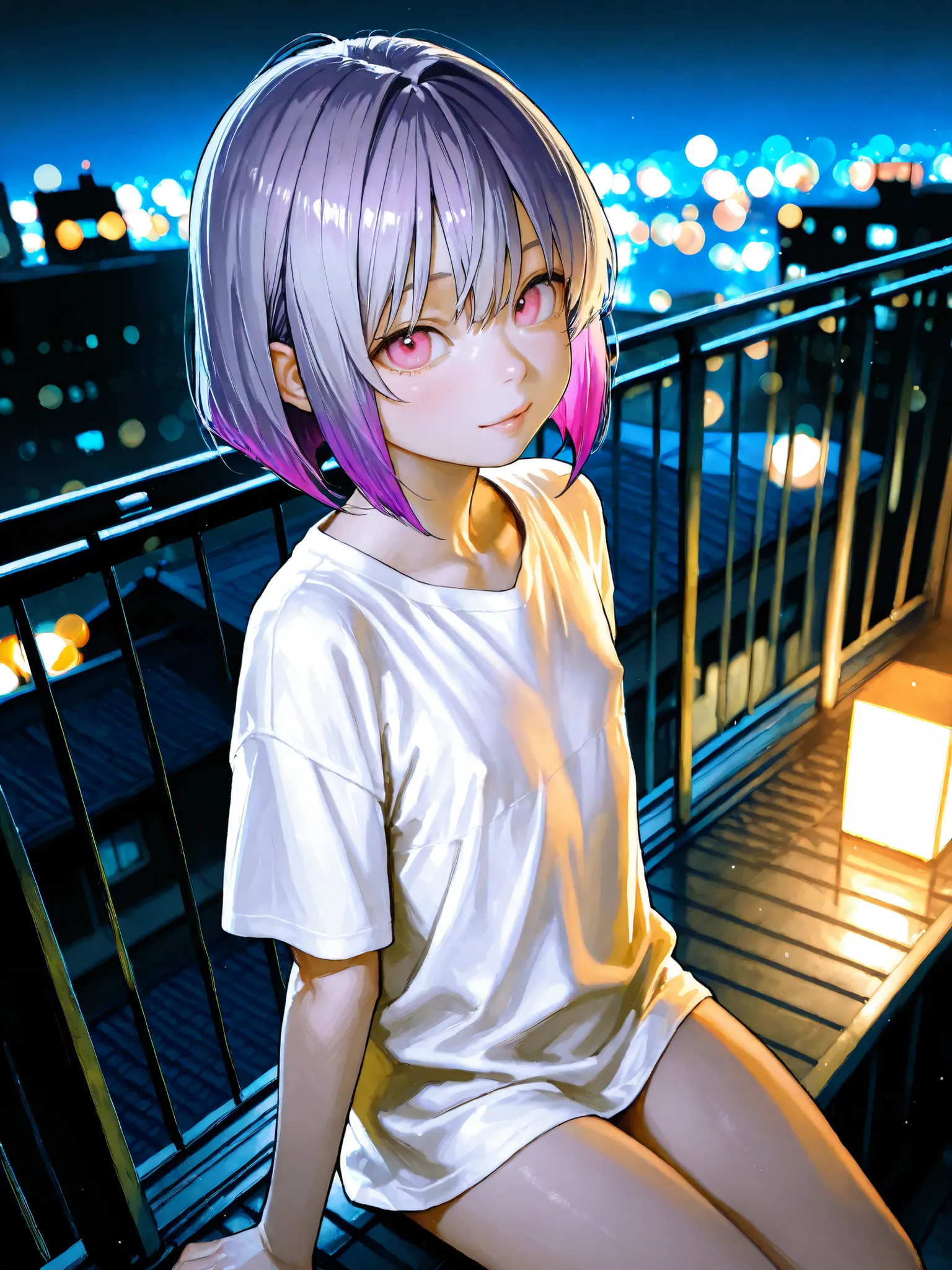 short girl, 1 girl,is young, flat chested,realisticな外観, big pink eyes, short bob、Gradation color purple hair and gray hair、plain shirt、I can see my chest、I can see my chest、sit、She has a lewd appearance.、naked、from above、Outdoors、Building Rooftop、 night v...