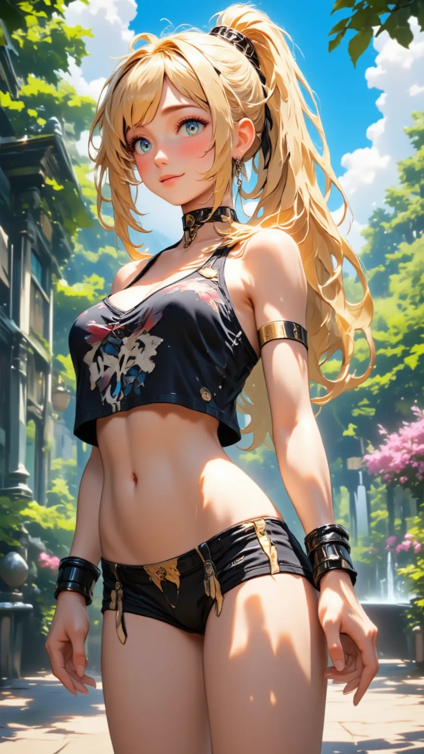 masterpiece、best quality、is very beautiful、absurd、newest、high resolution、absurd、Dynamic Lighting、sharp focus、depth of field、ambient light blocking、dynamic angle、daytime、 Outdoor、partly cloudy、garden、Trees、cool 、Greening、fountains

1girl、aldult、 athletic 、Bodybuilding、 vest、cleavage、abdomen、shorts、bracelet、 High Ponytail、 Blonde Hair、standing、stretch、Smile、medium 、umbilical perforation、Charming eyes