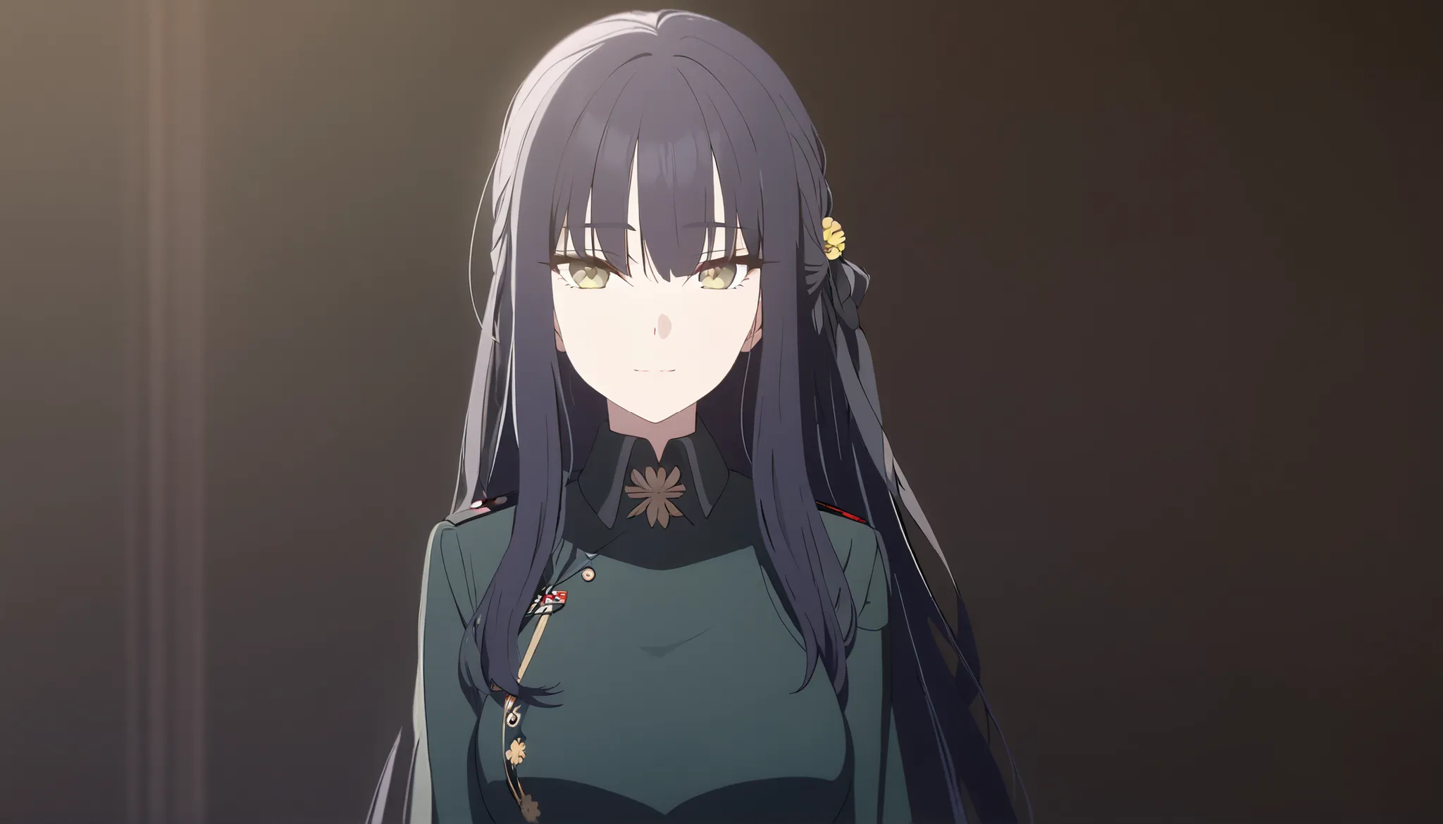 masterpiece, best quality, solo, 1woman, mature, dark blue hair, long hair, marigold eye, medium breast, dark green japan military uniform, standing, looking at viewer, elegant, cold gaze, slight smile, black background only. 