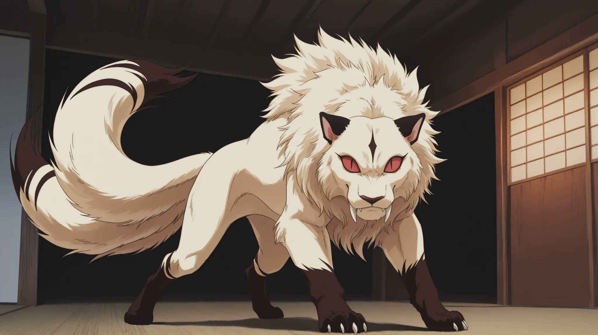 Kiara (transformed), solo, no humans, slit pupils, fangs out, big fangs, red eyes, red sclera, (two tails), tan fur, detailed fur, fluffy, detailed fangs, closed mouth, full body, serene look, calm look, looking at viewer, dynamic pose, head down, japanese...