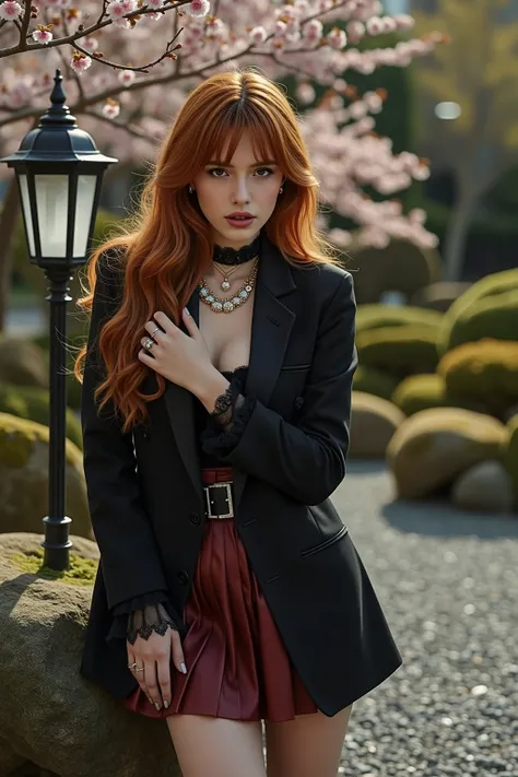 🌟: High-Fashion photography (8K Cinematic Shot)
Long side shot, Full-body shot from a moderate distance, kopf bis fuß, Fashion editorial head-to-toe shot, Full-figure photo
"My Dress-Up Darling-Marin’s Gothic ta Twist" – Schwarzes viktorianisches Blazer-Dress mit Spitzenrüschen am Kragen. Der plissierte Minirock in Weinrot wird mit schwarzen Strumpfhaltern und Plateau-Boots kombiniert. Stimmung: Verspielt-erotisch.
 💋"Looks like 'Bella' young, fresh, flirty – hourglass curves poured into silk, red hair, doppelzopf, smoldering smokey eyes, wild bedroom mane cascading over bare shoulders. Lips parted, daring you to stare." 
💃 Fashion editorial head-to-toe shot, dynamische posen, 
„Verlockende Beugung“ sinnliche Pose, canvas Pose, model lehnt mit verschränkten Armen an einer Laterne, die brüste werden angehoben – der Blick geht direkt in die Kamera, während das Dekolleté betont wird. perfect brest, big , perfact ass 
☯️ "Stein & Stille"
Ein perfekt arrangierter Kare-san-sui (Zen-Garten) mit fein gerechten Linien im Kies, umgeben von moosbewachsenen Felsen – ein Ort der absoluten Harmonie.
🌿 Zen-Oase
"Ein stiller Teich, umgeben von moosbewachsenen Steinen und zart flatternden Kirschblütenzweigen."
🎥 :
    Hasselblad H6D + 50mm f/2.8
    8K motion blur at 1/250s
    Dual lighting: Cold moon fill + warm city uplight
    Color grade: Teal shadows, cyan midtones, gold highlights
