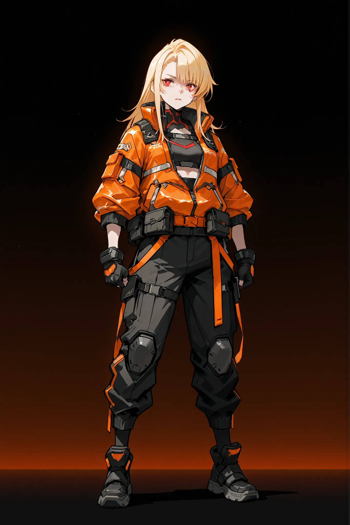 A beautiful girl with long blonde hair and red eyes, carrying an attractive and at the same time deadly look, wearing cyberpunk samurai-themed costumes and techwear in black with orange details, dark solid color background , ambiente escuro, concept art, ...