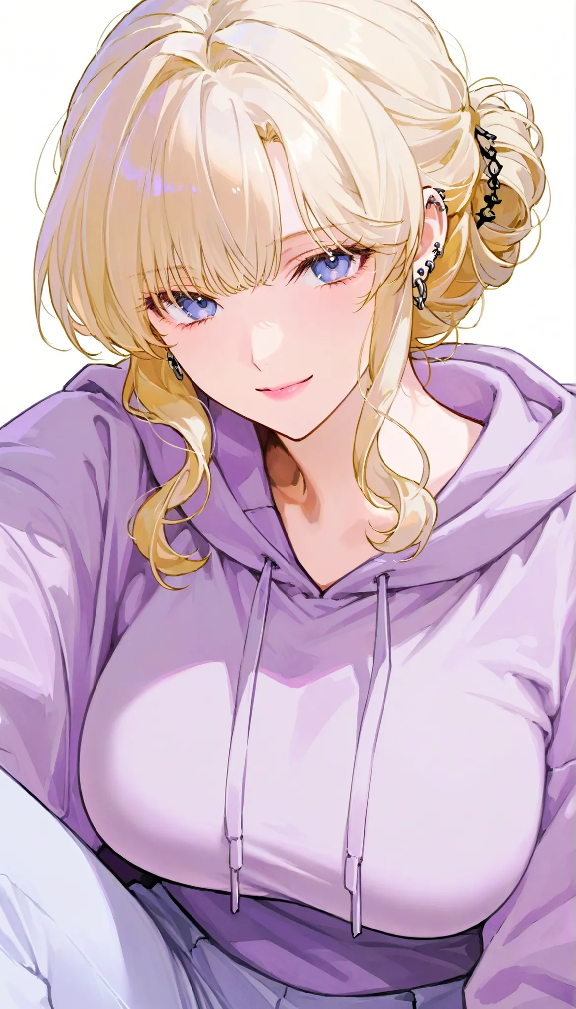 1 female, pretty face , hair,Hairpin Hairstyle, Light hair ,blonde hair, bangs, Blue Eyes , coat, white background,close up, pierced ears,Purple theme,big breasts,light purple hoodie,Light grey blue pants,Just take a picture of your facial features,Matur...