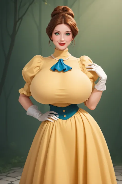 1girl, (Disney Princess Jane Porter is standing:1.3), Jane Porter has dark brown hair tied back in a messy bun, she has green eyes, full red lips, and a subtle smile. She is wearing a yellow gown with a simply designed bodice, Victorian style, turtleneck, ...