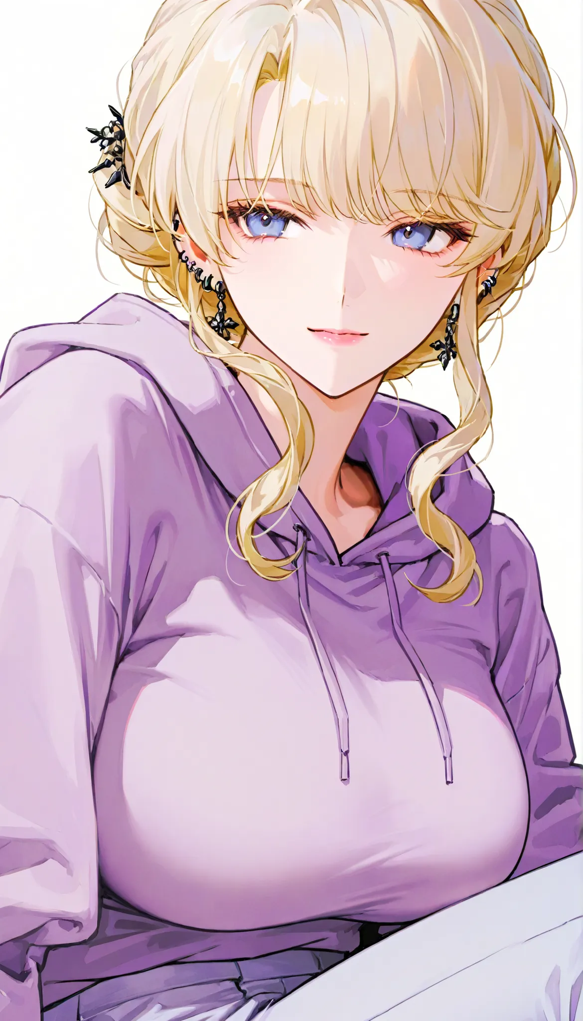 1 female, pretty face , hair,Hairpin Hairstyle, Light hair ,blonde hair, bangs, Blue Eyes , coat, white background,close up, pierced ears,Purple theme,big breasts,light purple hoodie,Light grey blue pants,Just take a picture of your facial features,Matur...